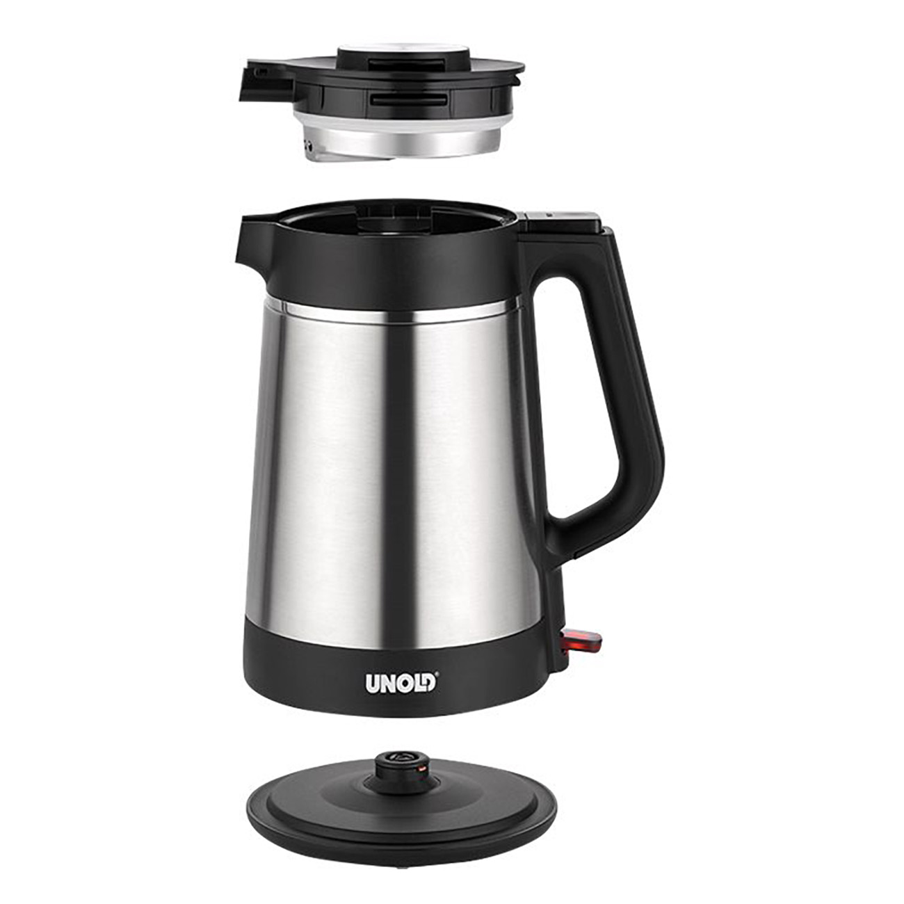 Widok rozstrzelony srebrno-czarnego czajnika elektrycznego.