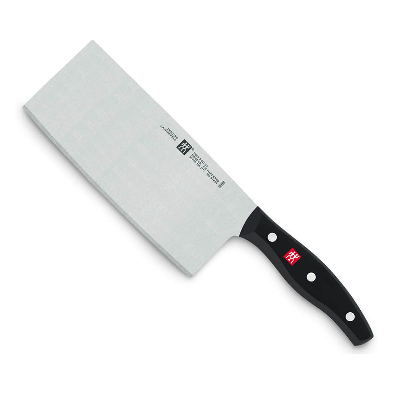 Großes Küchenmesser mit schwarzem Griff auf weißem Hintergrund.