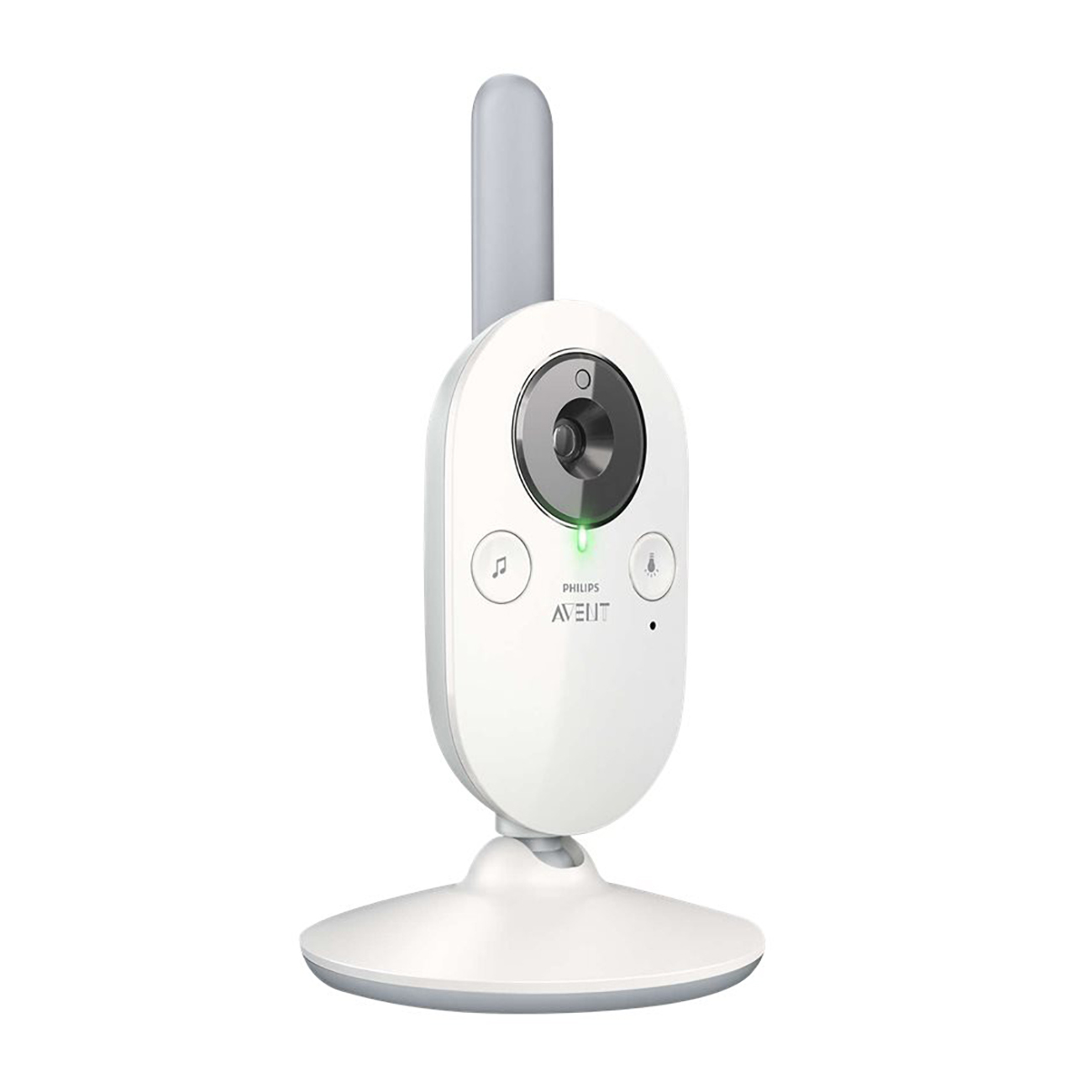 Weißer Babyphone mit grauer Antenne, auf weißer Basis stehend. Knöpfe und Kamera sichtbar.