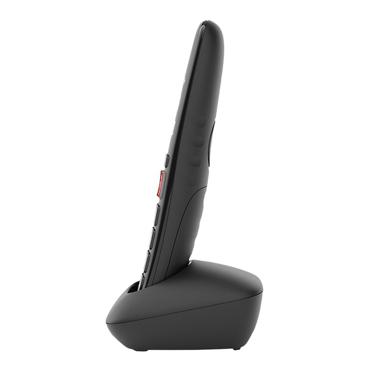Un teléfono inalámbrico negro con base, vista lateral. Tiene un botón rojo y teclas numéricas.