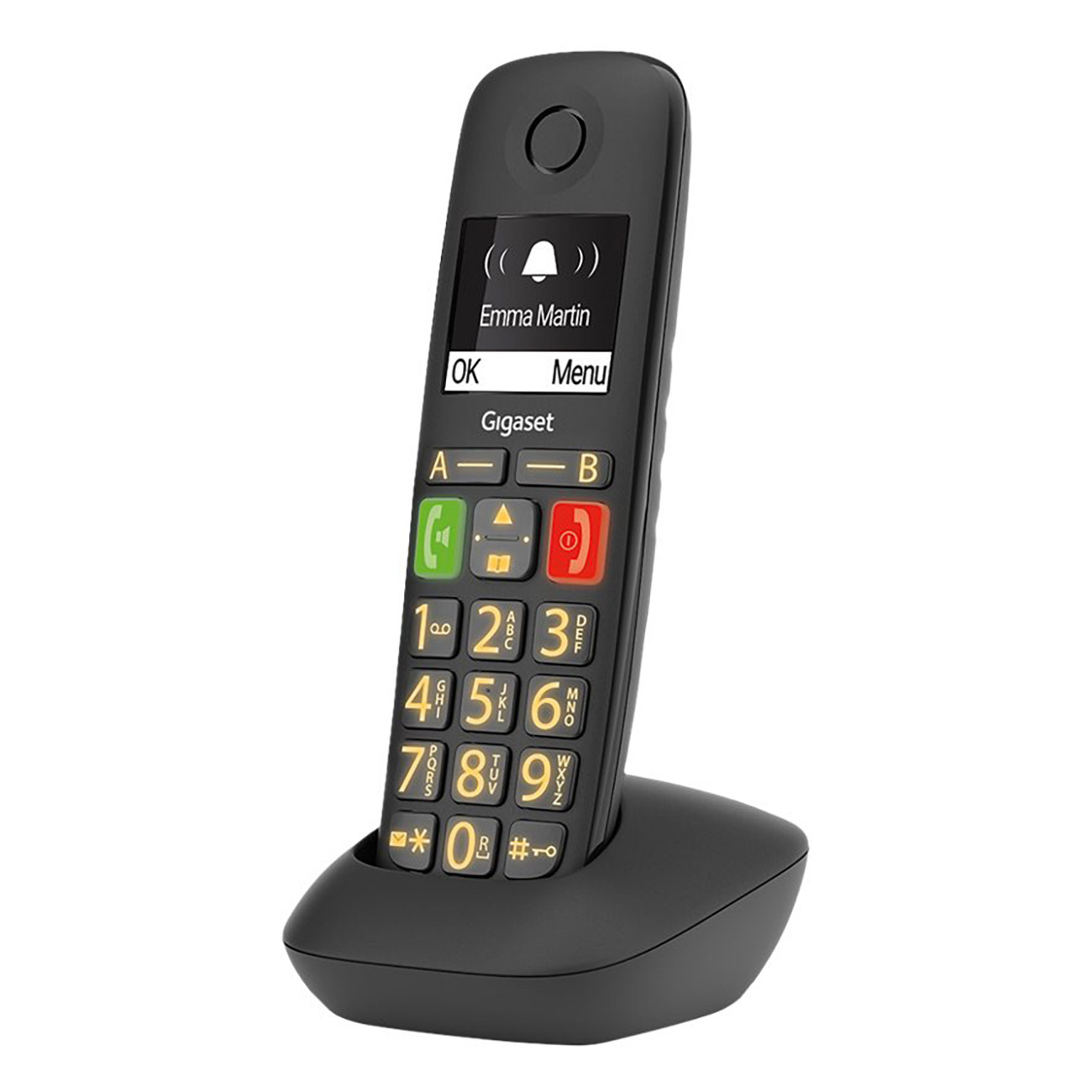 Teléfono inalámbrico Gigaset negro sobre un soporte, con pantalla que muestra el identificador de llamadas y opciones de menú.