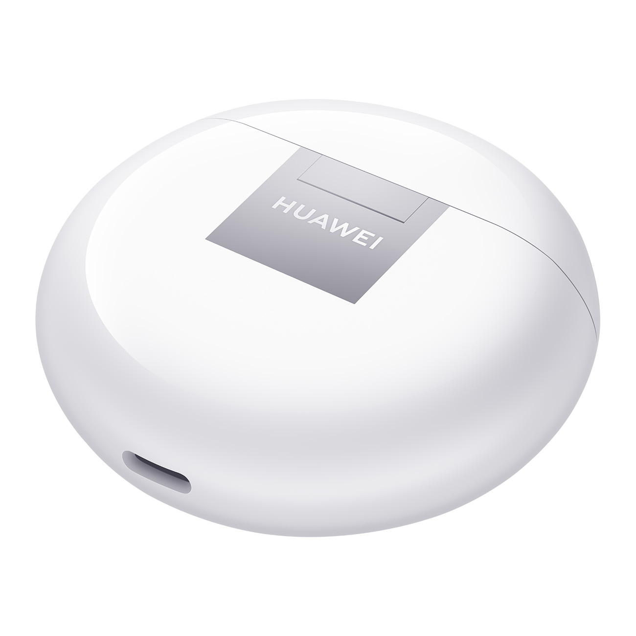 Białe etui ładujące słuchawek Huawei. Zaokrąglony kształt z logo Huawei.