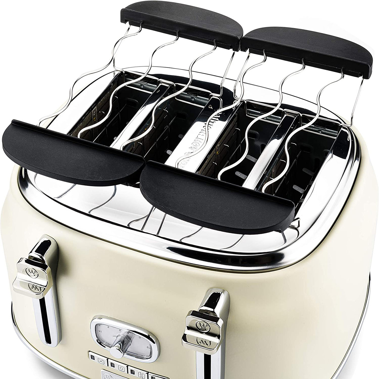 Cremefarbener Toaster mit schwarzen Hebeln.