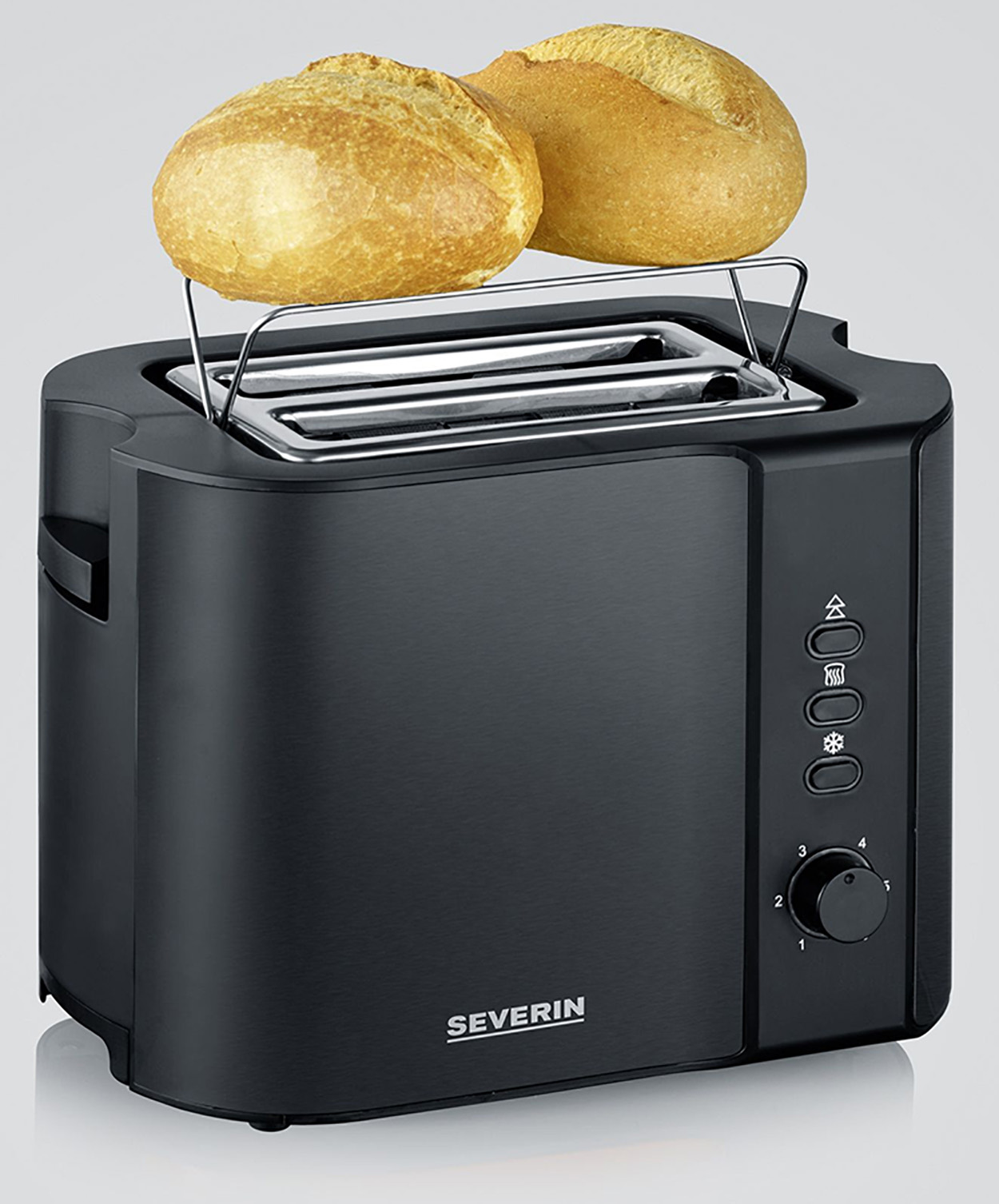 Schwarzer Toaster mit zwei Brötchen oben, Silberrost und Drehregler.