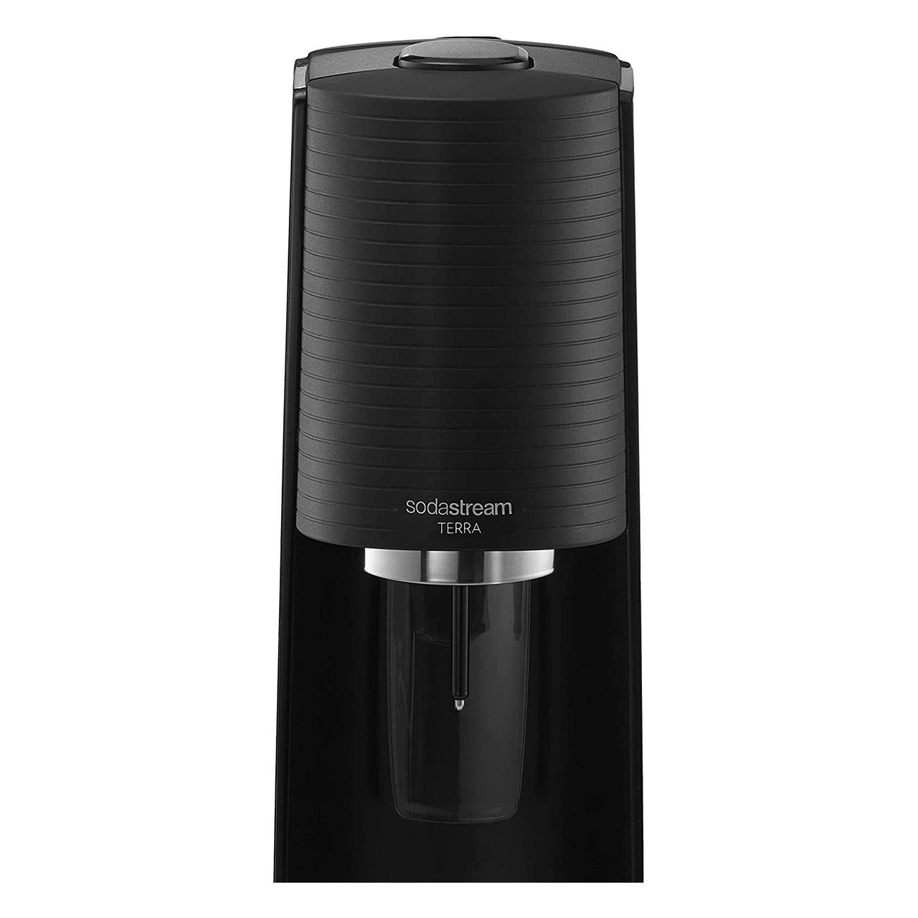 Un gasatore d'acqua SodaStream Terra nero, con una bottiglia trasparente all'interno.