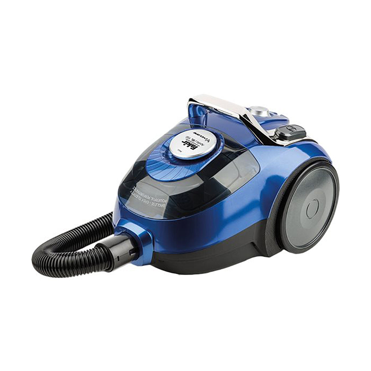 Blauer Staubsauger mit schwarzem Schlauch und silbernen Akzenten.