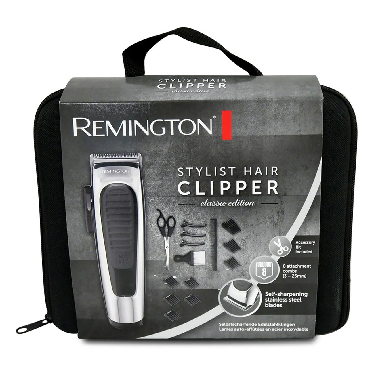 Kit de cortapelos Remington Stylist en una funda negra, con accesorios y cortapelos visibles.