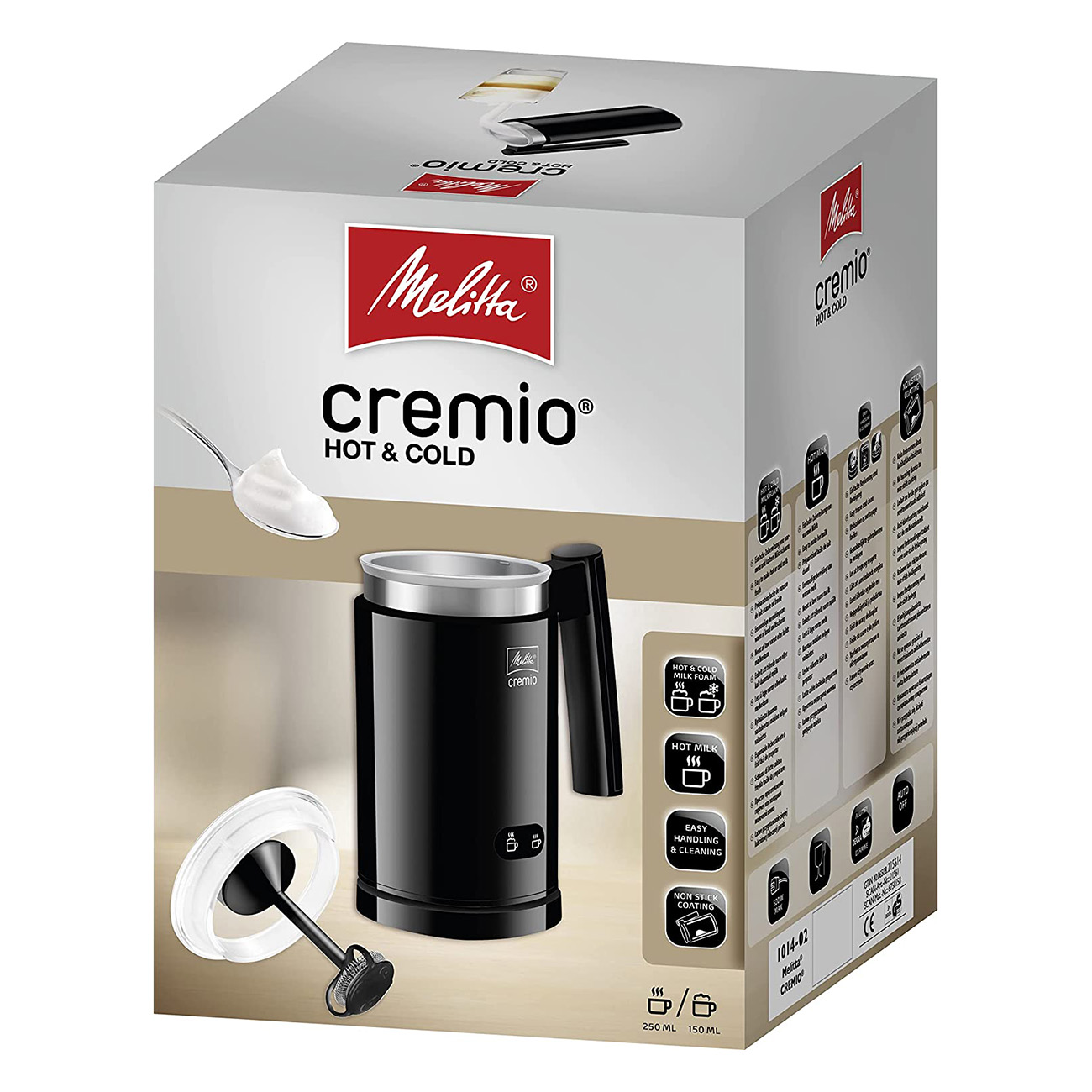 Biało-czarne pudełko z ekspresem do kawy. Tekst brzmi 'cremio HOT & COLD'.