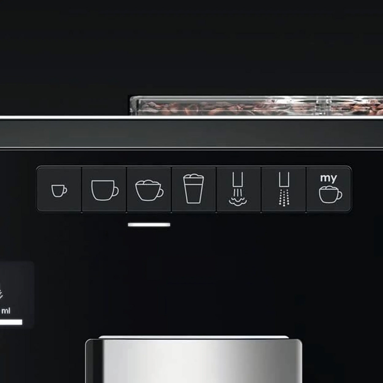 Nahaufnahme einer schwarzen Kaffeemaschine mit beleuchteten Knöpfen für verschiedene Kaffeeoptionen.