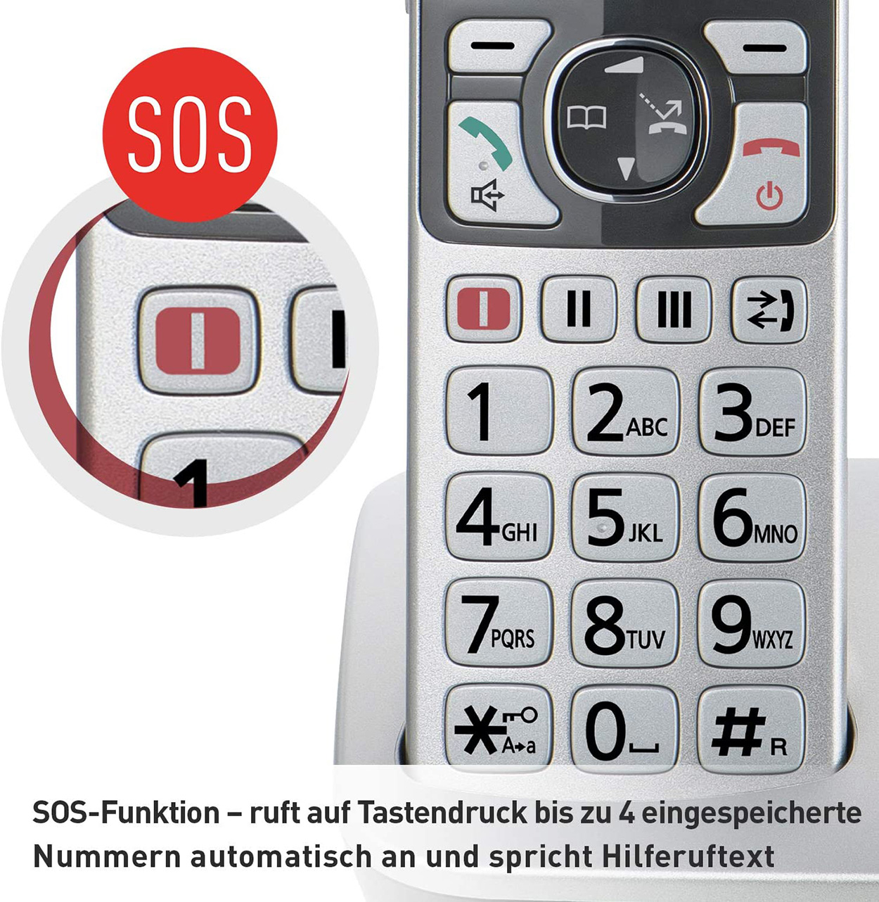 Primo piano di un telefono fisso argento con pulsanti grandi e pulsante SOS.
