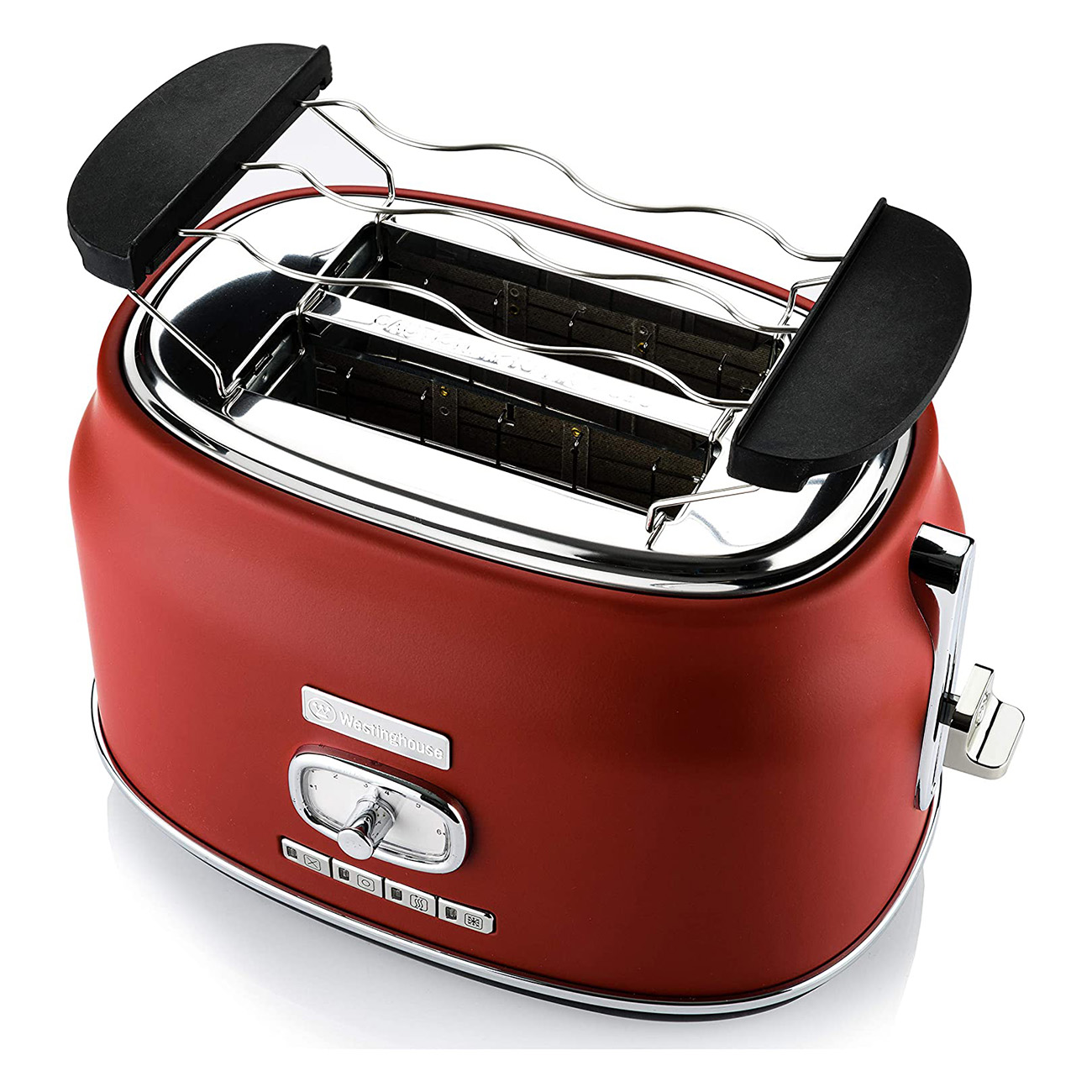 Roter Toaster mit Chromakzenten. Die Oberseite hat einen Hebemechanismus.
