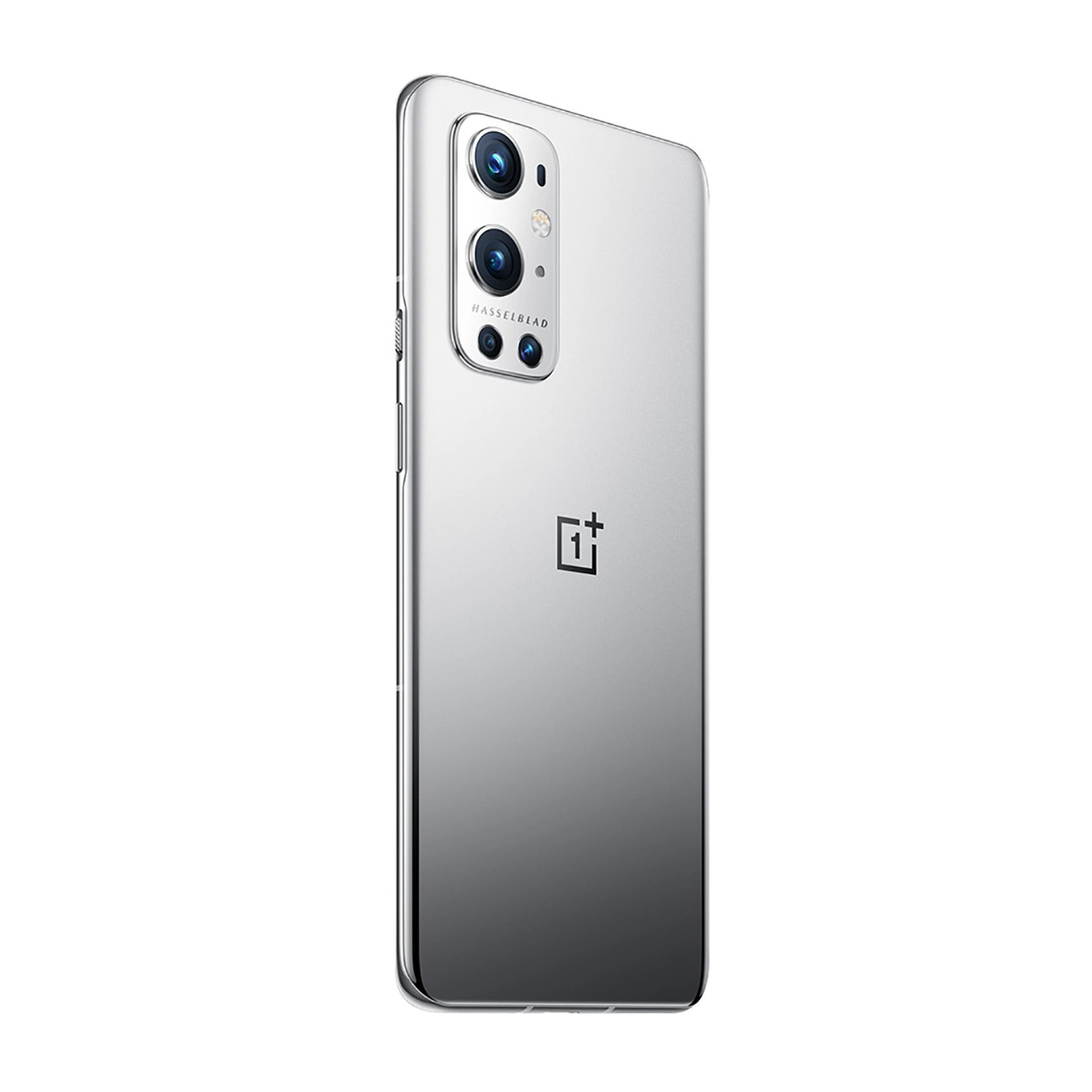 Parte trasera del teléfono OnePlus, degradado plateado, cámaras Hasselblad, logo OnePlus.