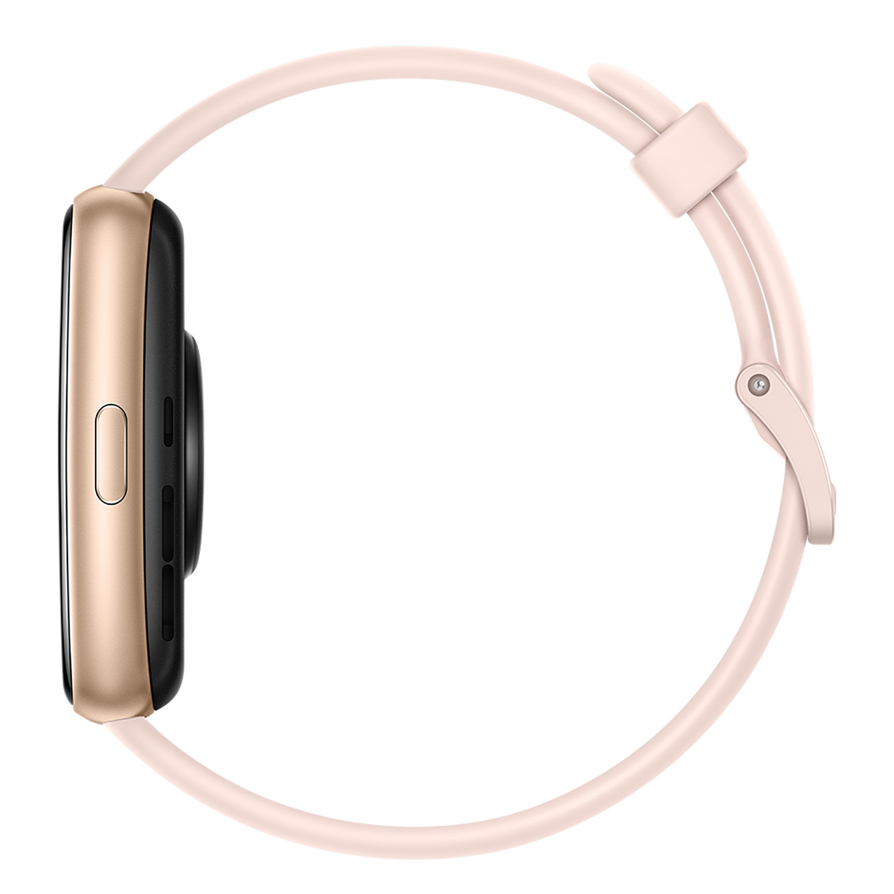 Un reloj inteligente rosa claro con una pantalla negra y una correa rosa claro.