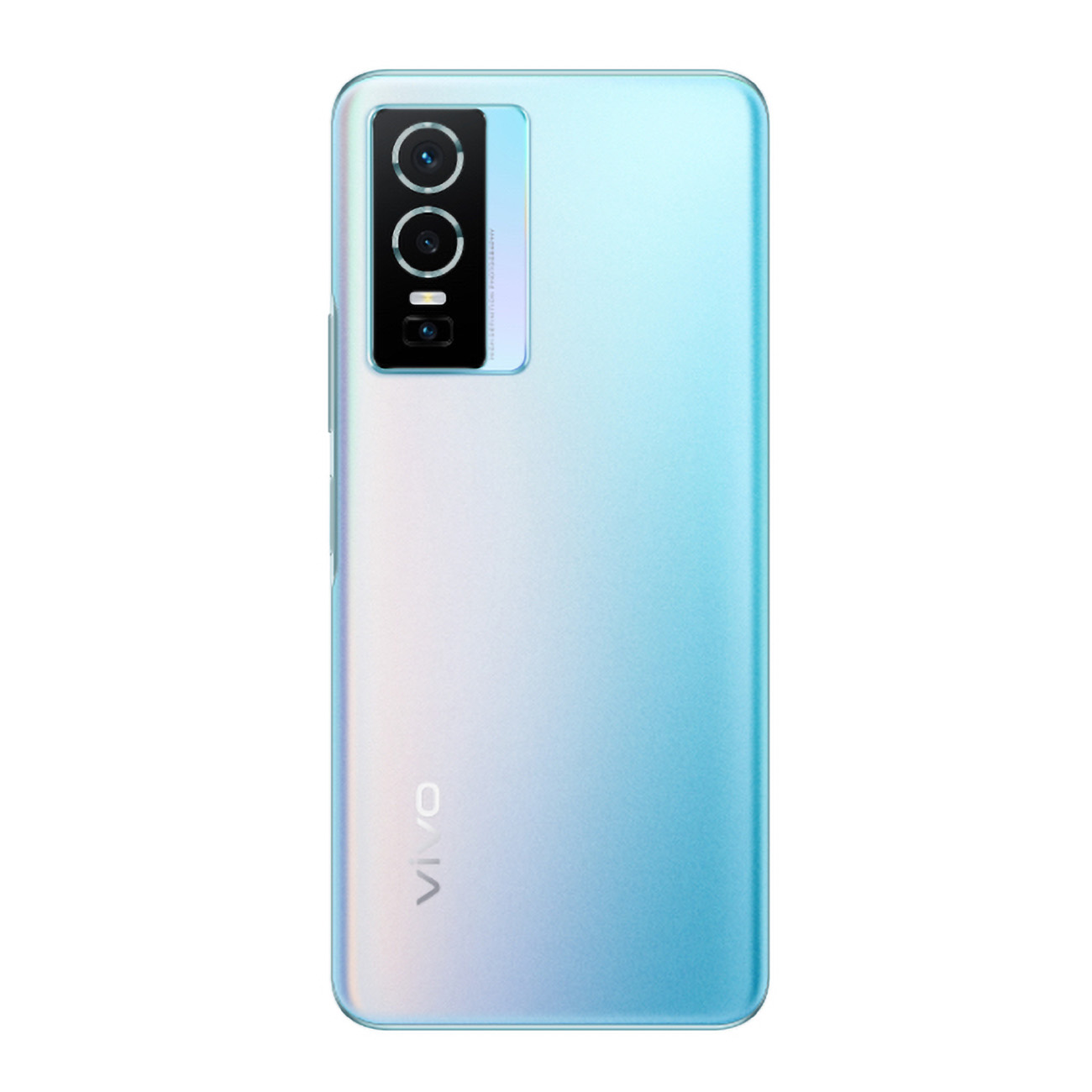 Telefon z jasnoniebieskim gradientem, trzema aparatami i logo Vivo. Na białym tle.