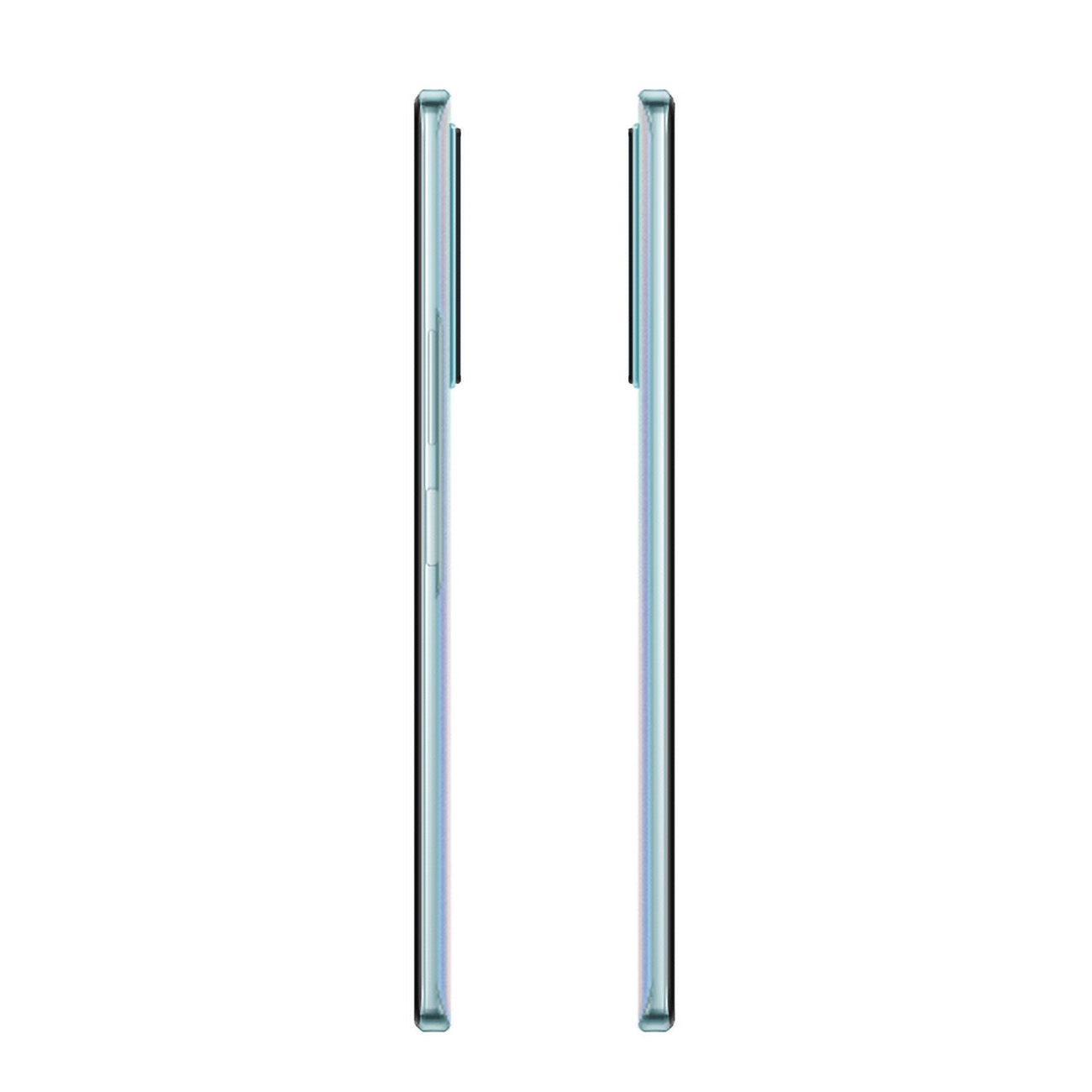 Dwa widoki boczne telefonu, pokazujące cienki profil i krawędzie, na białym tle.