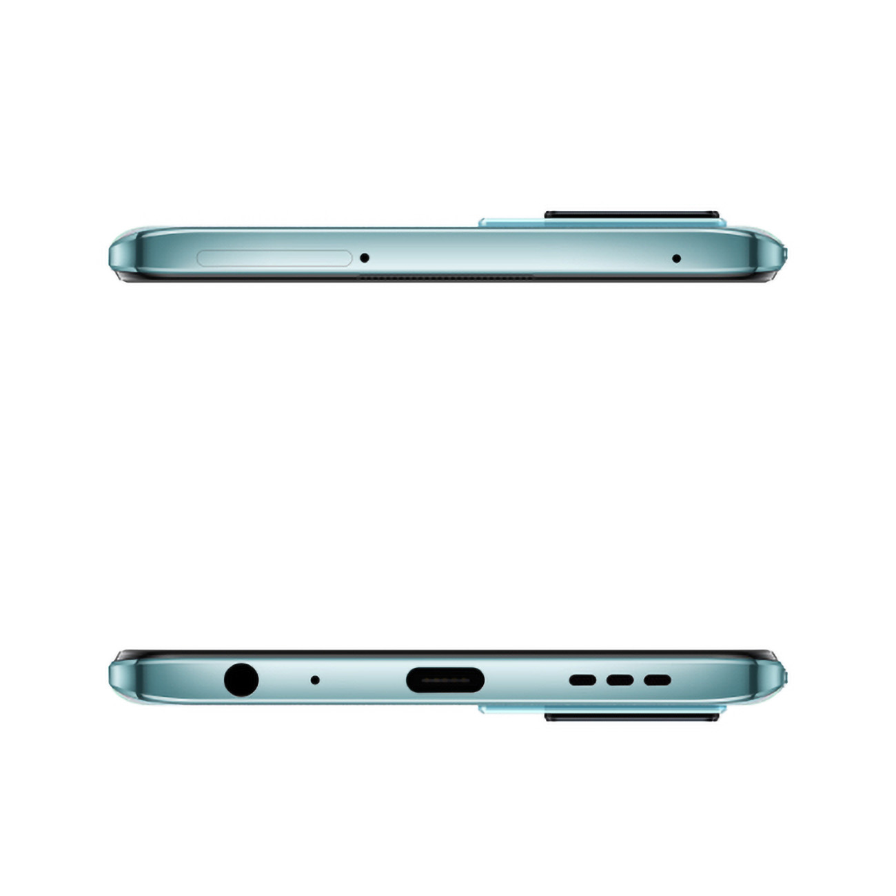 Widoki z góry i z dołu jasnoniebieskiego telefonu, pokazujące porty i przyciski, na białym tle.