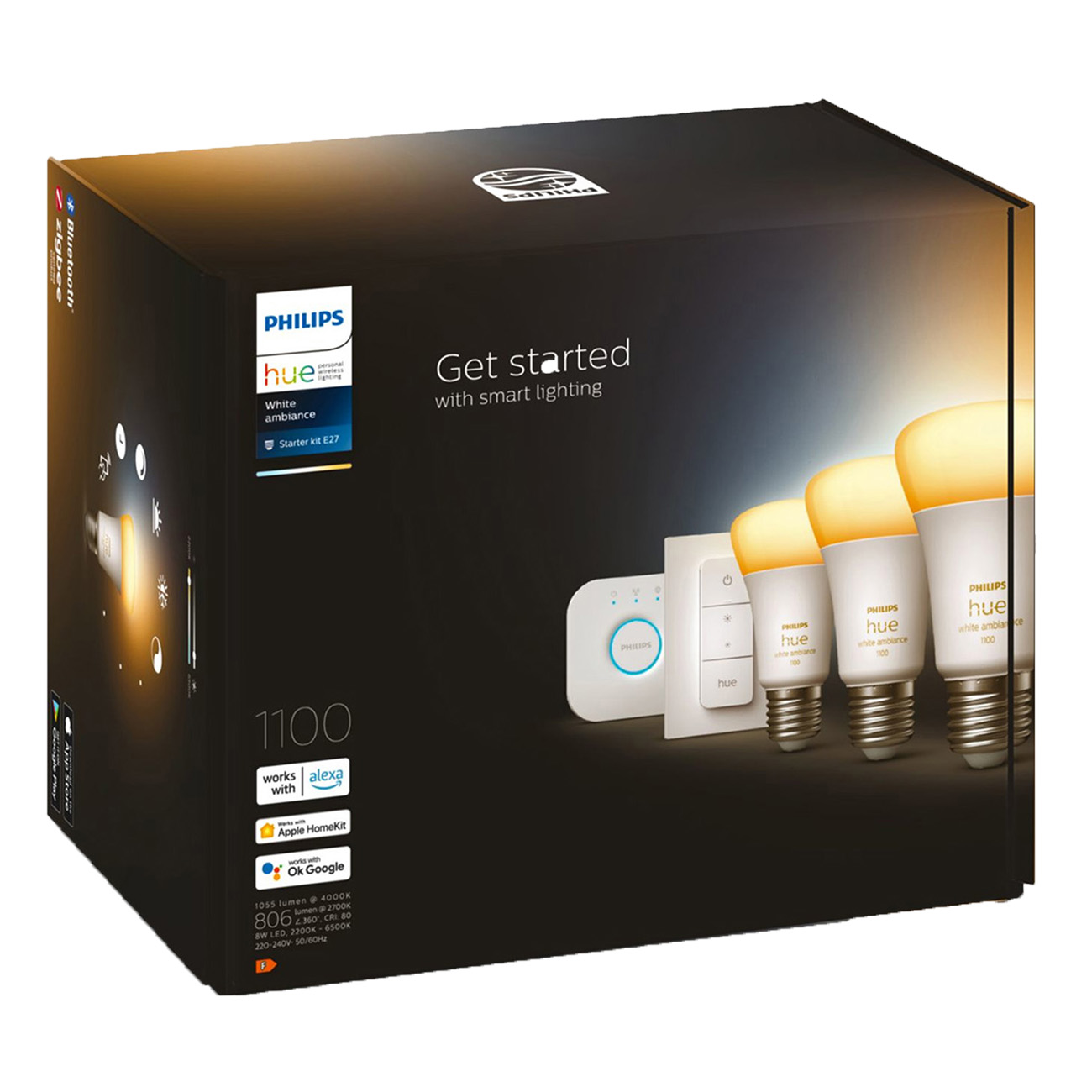 Caja de luces inteligentes Philips Hue con accesorios. Fondo blanco.