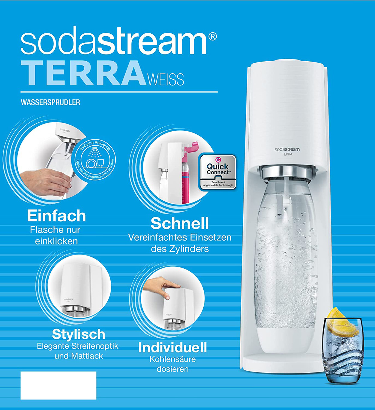 Weißer SodaStream Terra mit Text und Bildern auf weißem Hintergrund.