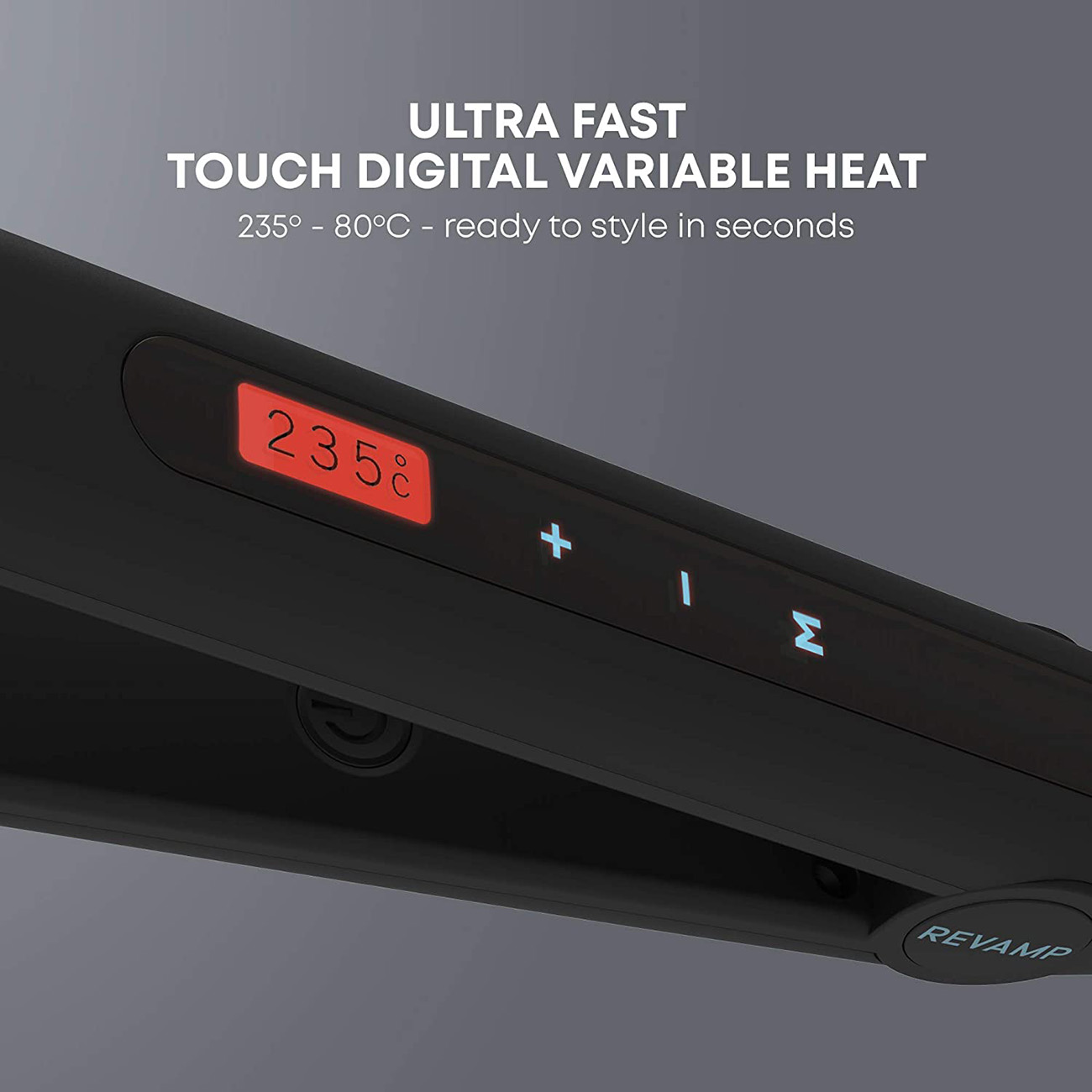 Schwarzer Haarglätter mit Digitalanzeige, roten Zahlen und Tasten zur Temperaturregelung.