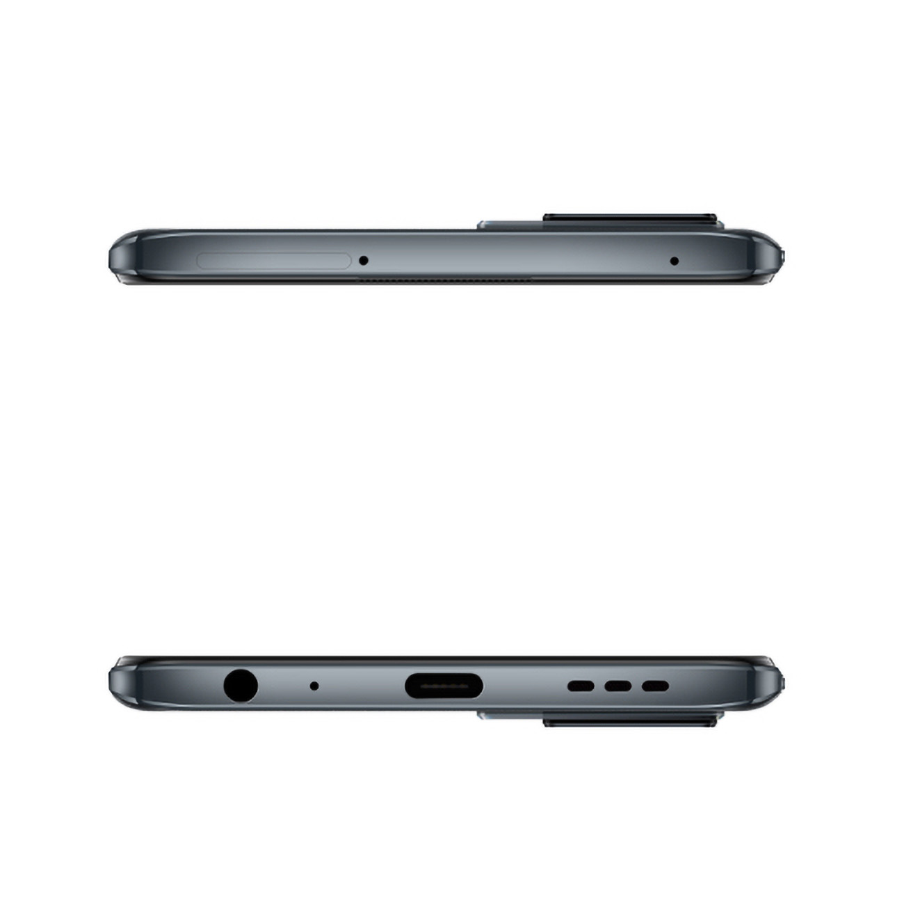 Viste superiore e inferiore di uno smartphone grigio scuro, con tasti laterali e porte visibili.