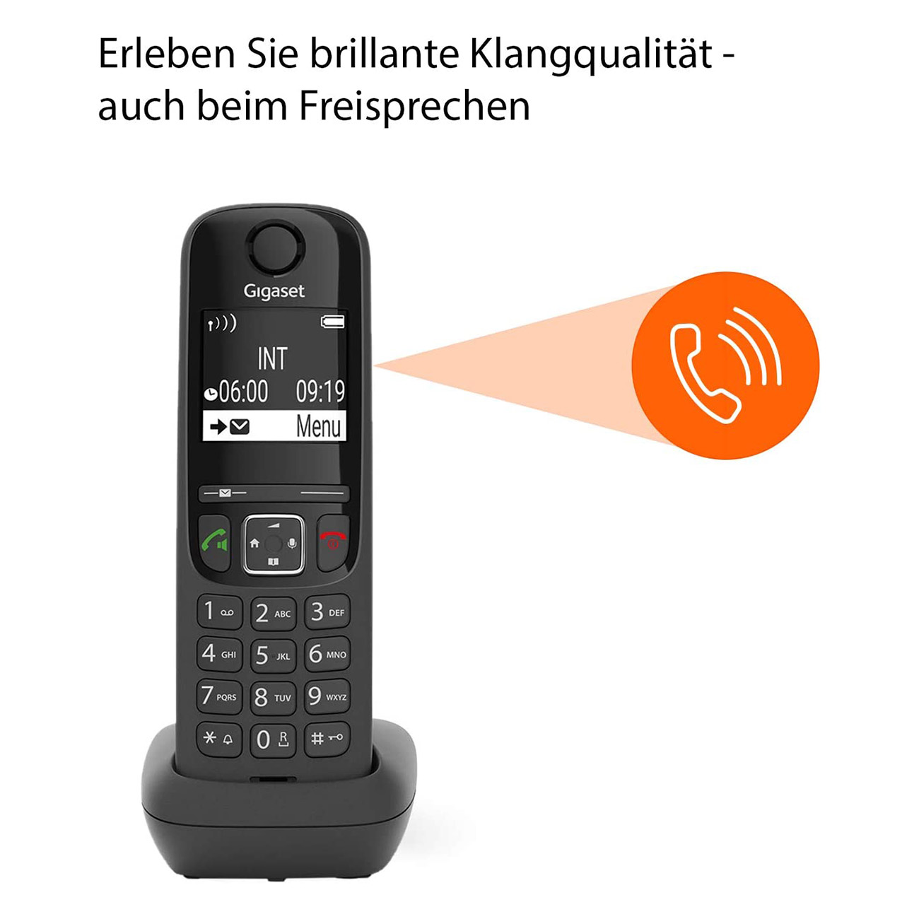 Schwarzes schnurloses Telefon mit Basis, zeigt Bildschirm und Ziffern.