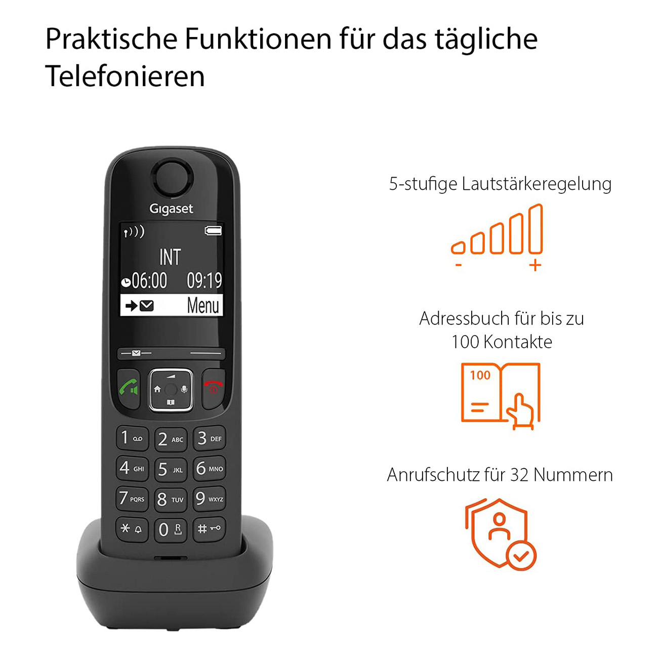 Schwarzes schnurloses Festnetztelefon mit Basis, Display zeigt Zeit und Menüoptionen.