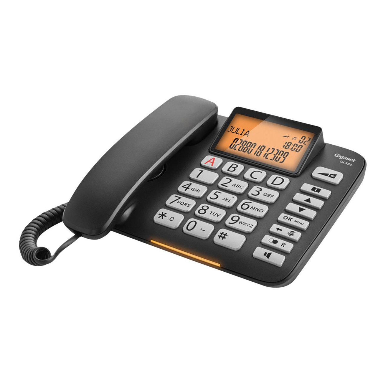 Teléfono fijo Gigaset D485 negro. Con pantalla y teclas numéricas.