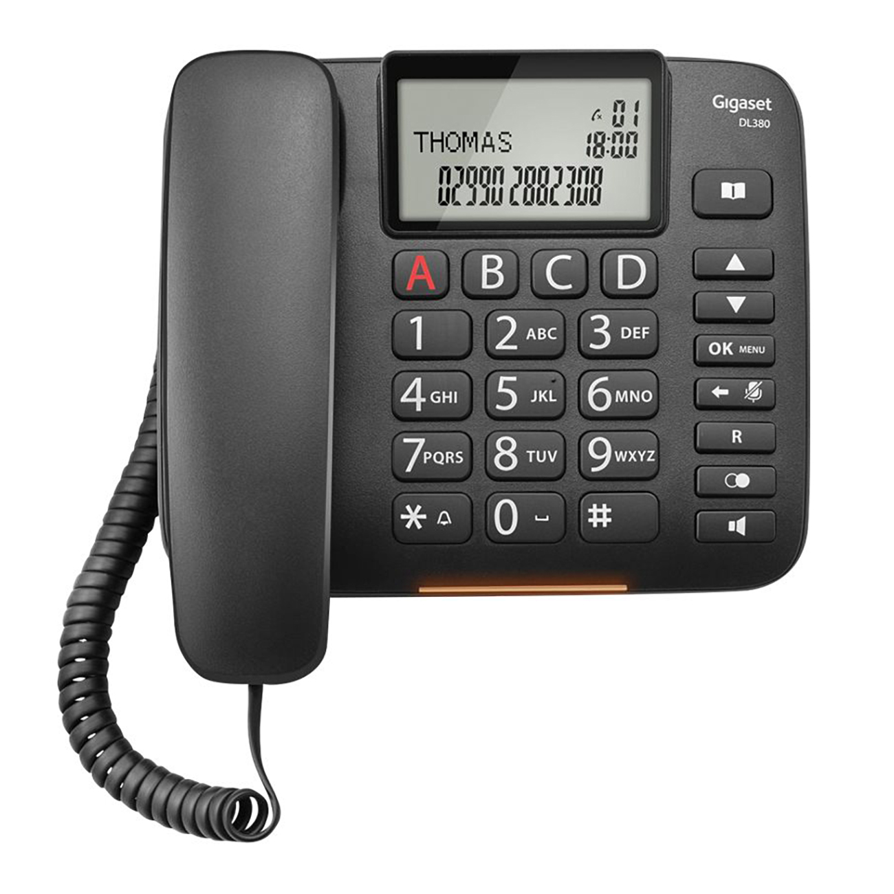 Ein schwarzes Festnetztelefon mit Display für Anrufer-ID, Uhrzeit und Nummern. Das Telefon hat Tasten und einen Hörer.