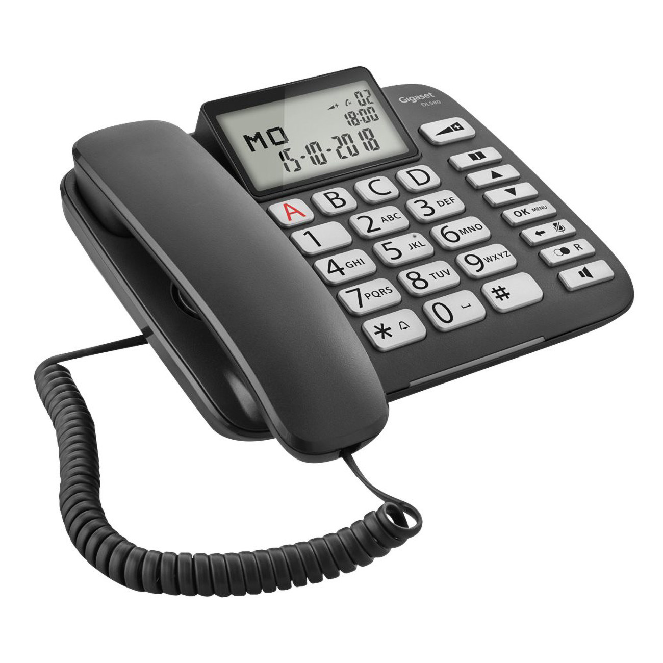 Teléfono fijo negro. Pantalla muestra fecha y hora. Teclado numérico con letras y botones de función.