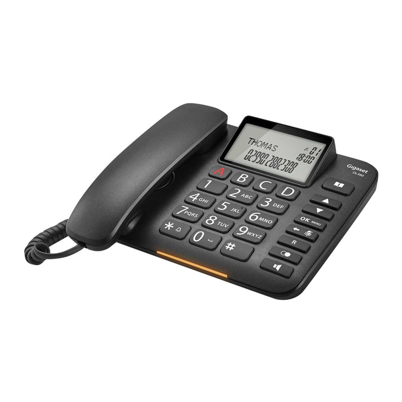 Schwarzes Festnetztelefon mit Bildschirm, der Zahlen und eine Digitaluhr zeigt.