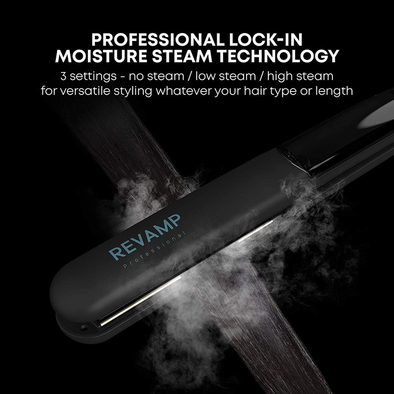 Piastra per capelli nera con vapore. Testo: Tecnologia professionale Lock-In Moisture Steam.