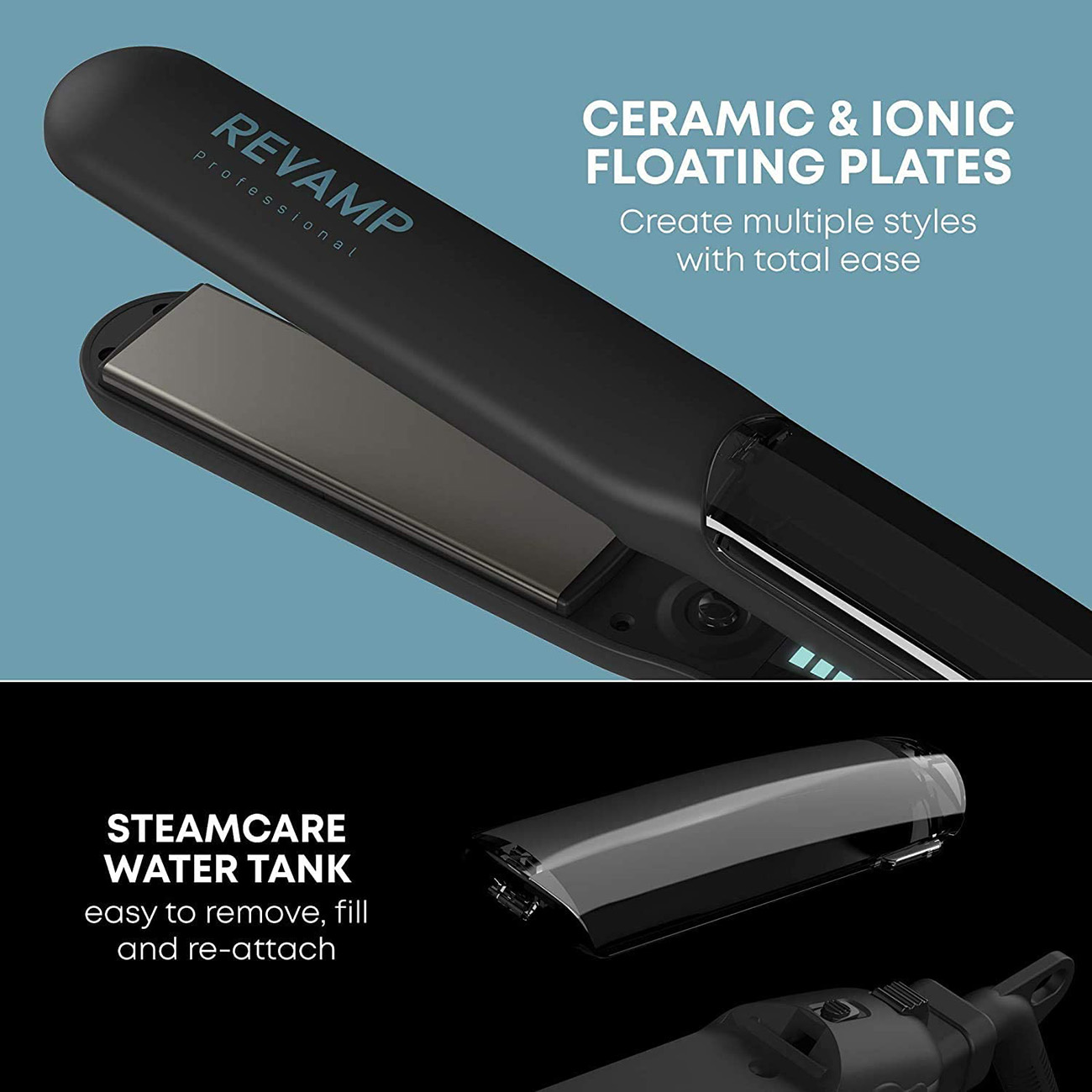 Una piastra per capelli nera con piastre in ceramica e un serbatoio dell'acqua, primo piano.