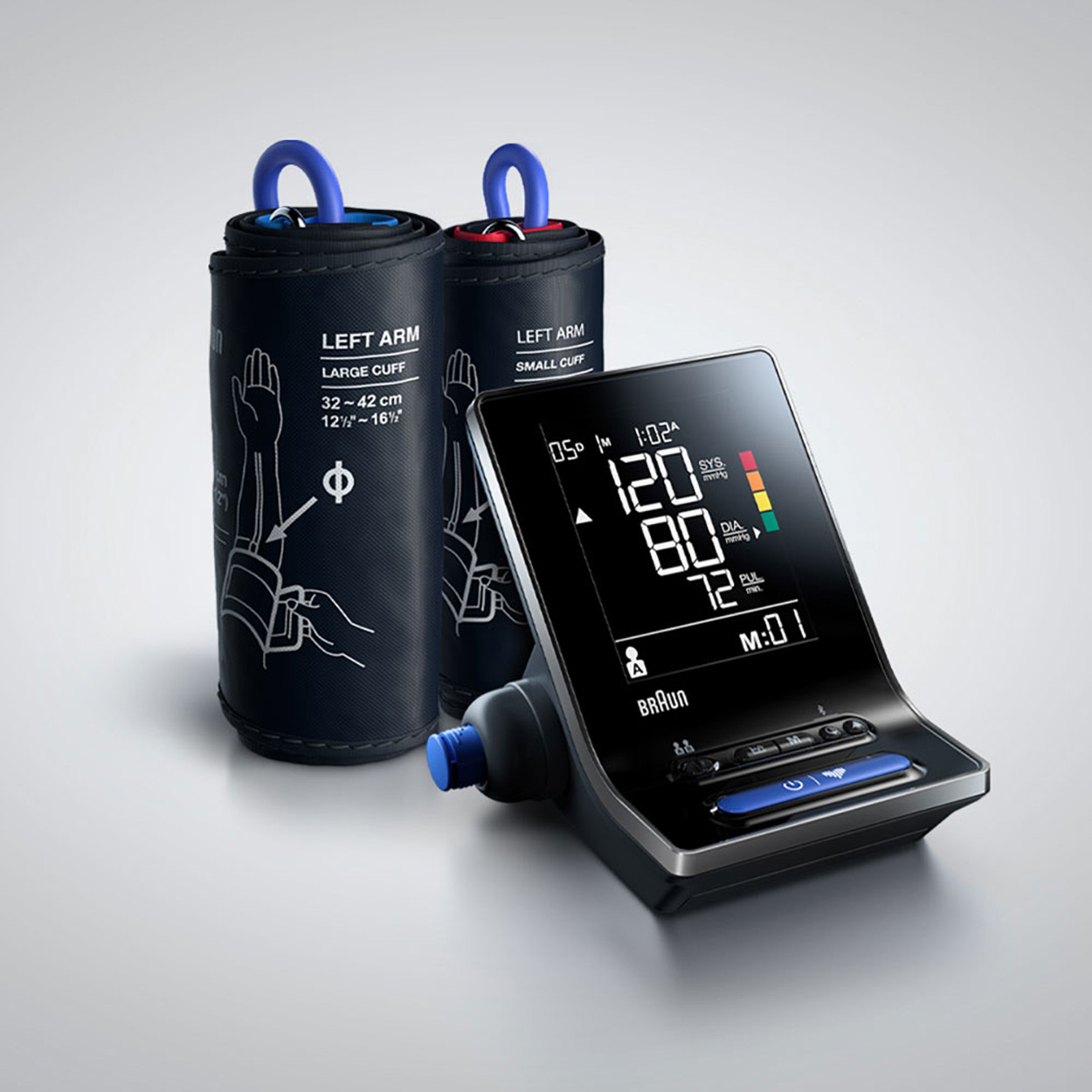 Ciśnieniomierz z dwoma mankietami. Urządzenie wyświetla odczyty na wyświetlaczu.