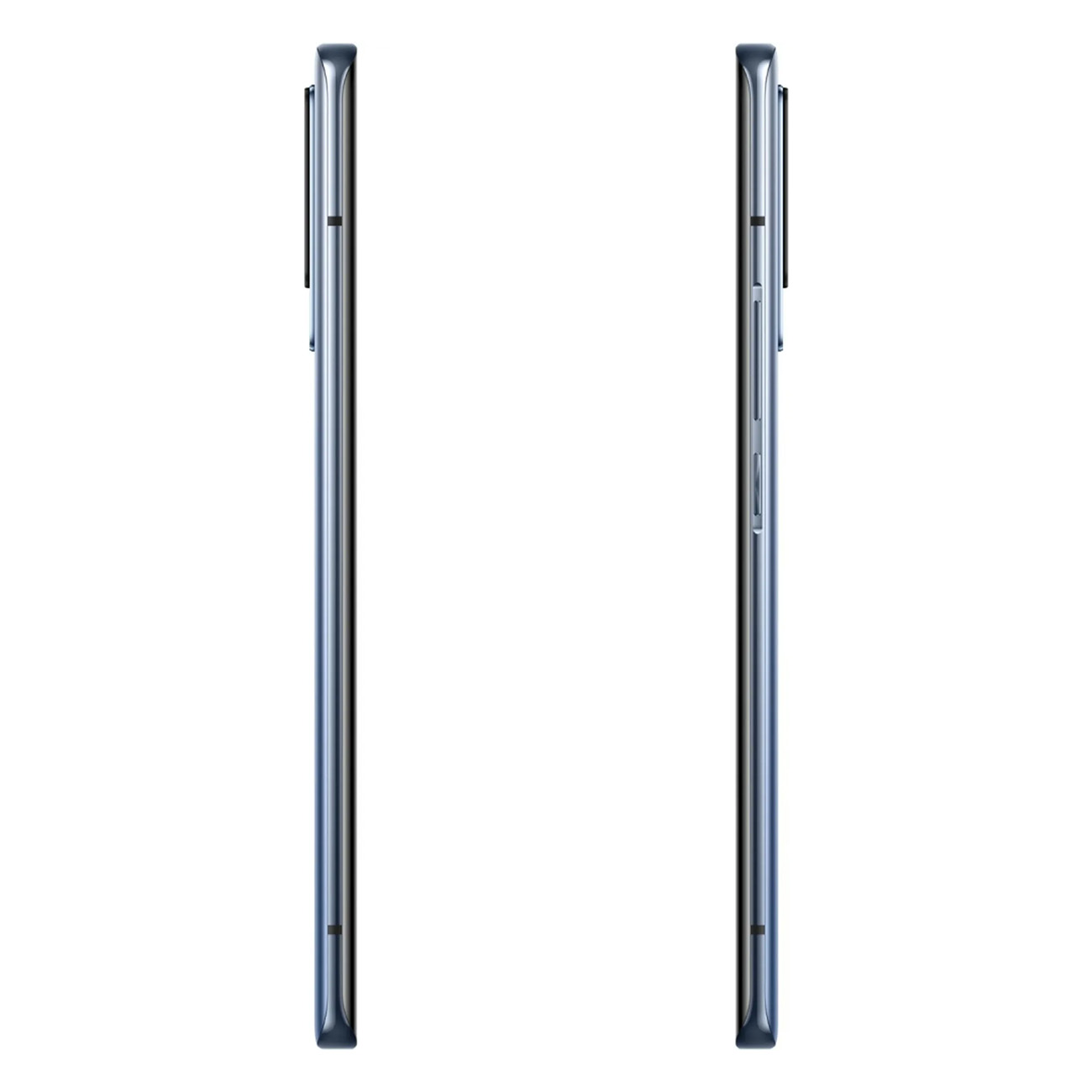 Zwei Seitenansichten eines schwarzen Smartphones, die den Rahmen mit Tasten und Anschlüssen zeigen.