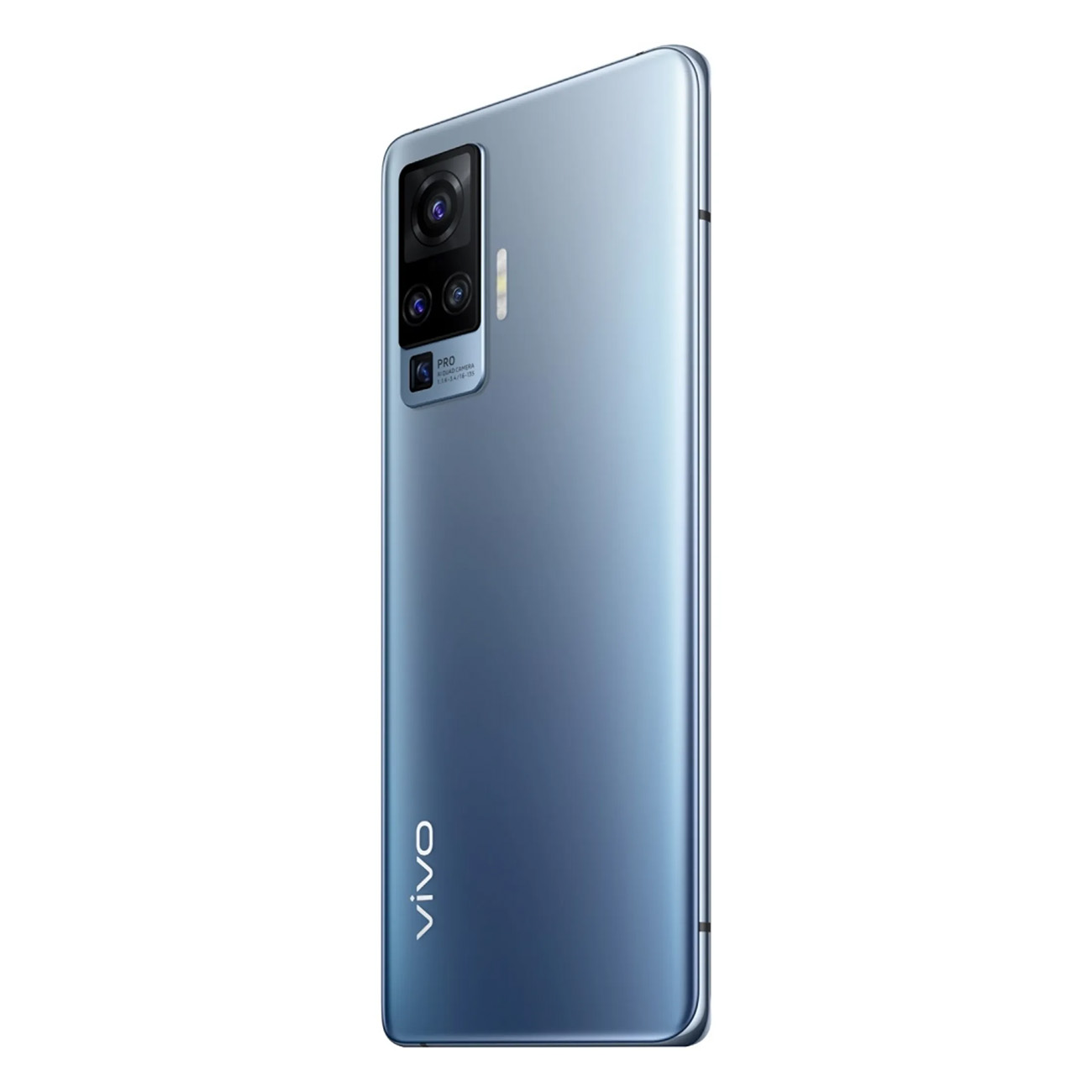 Ein silbernes und blaues Smartphone von hinten und der Seite betrachtet. Es hat mehrere Kameras.