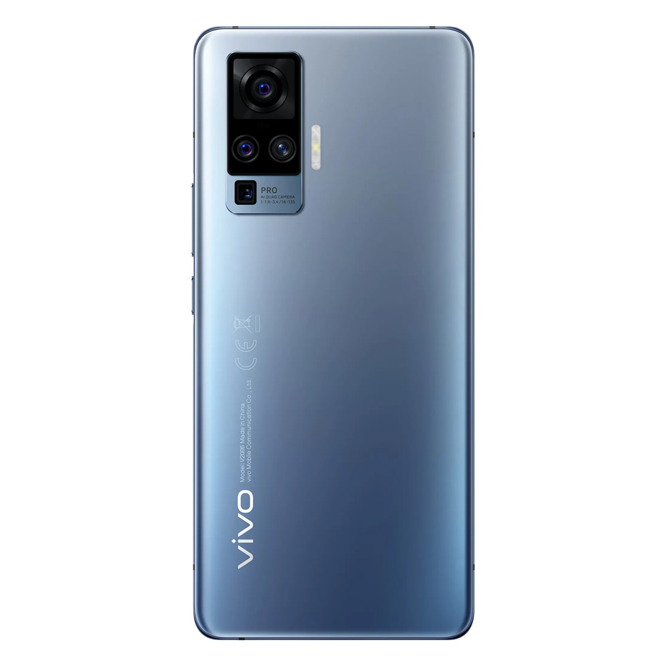 Blaues Smartphone mit Kamera. Rückseite des Telefons ist blau, zeigt Kamera und Vivo-Logo.
