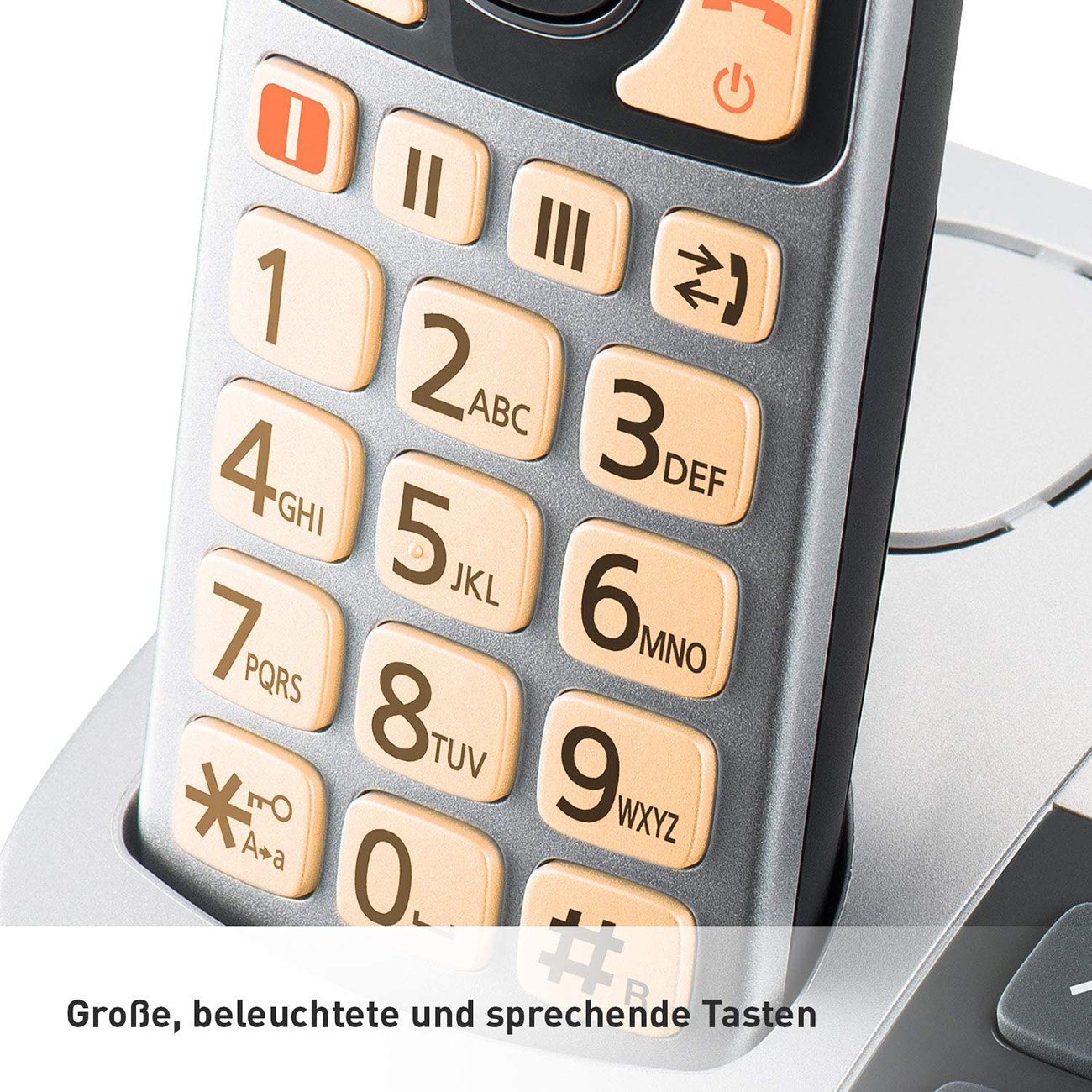 Primer plano de un teléfono con botones grandes. La pantalla muestra las palabras: Teclas grandes, iluminadas y parlantes.