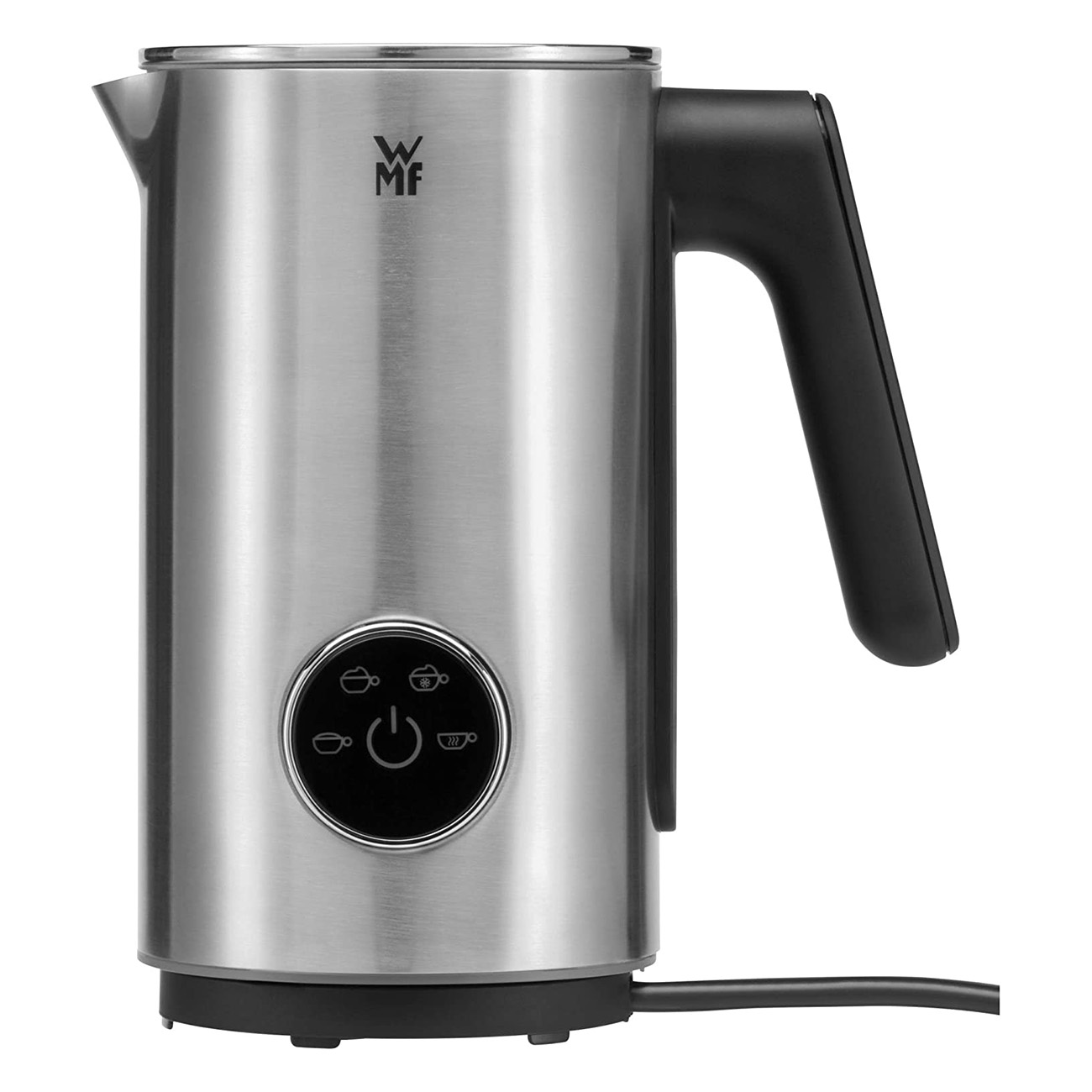 Srebrny spieniacz do mleka z czarnym uchwytem i przyciskami na białym tle.