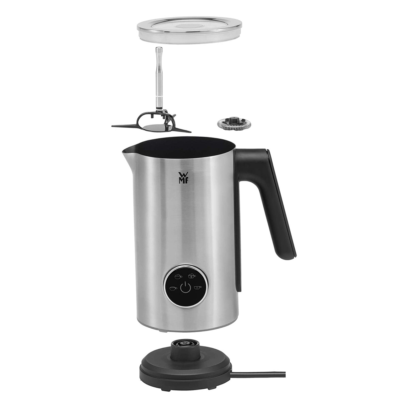 Zdemontowany spieniacz do mleka ze stali nierdzewnej z czarnym uchwytem i jego częściami.