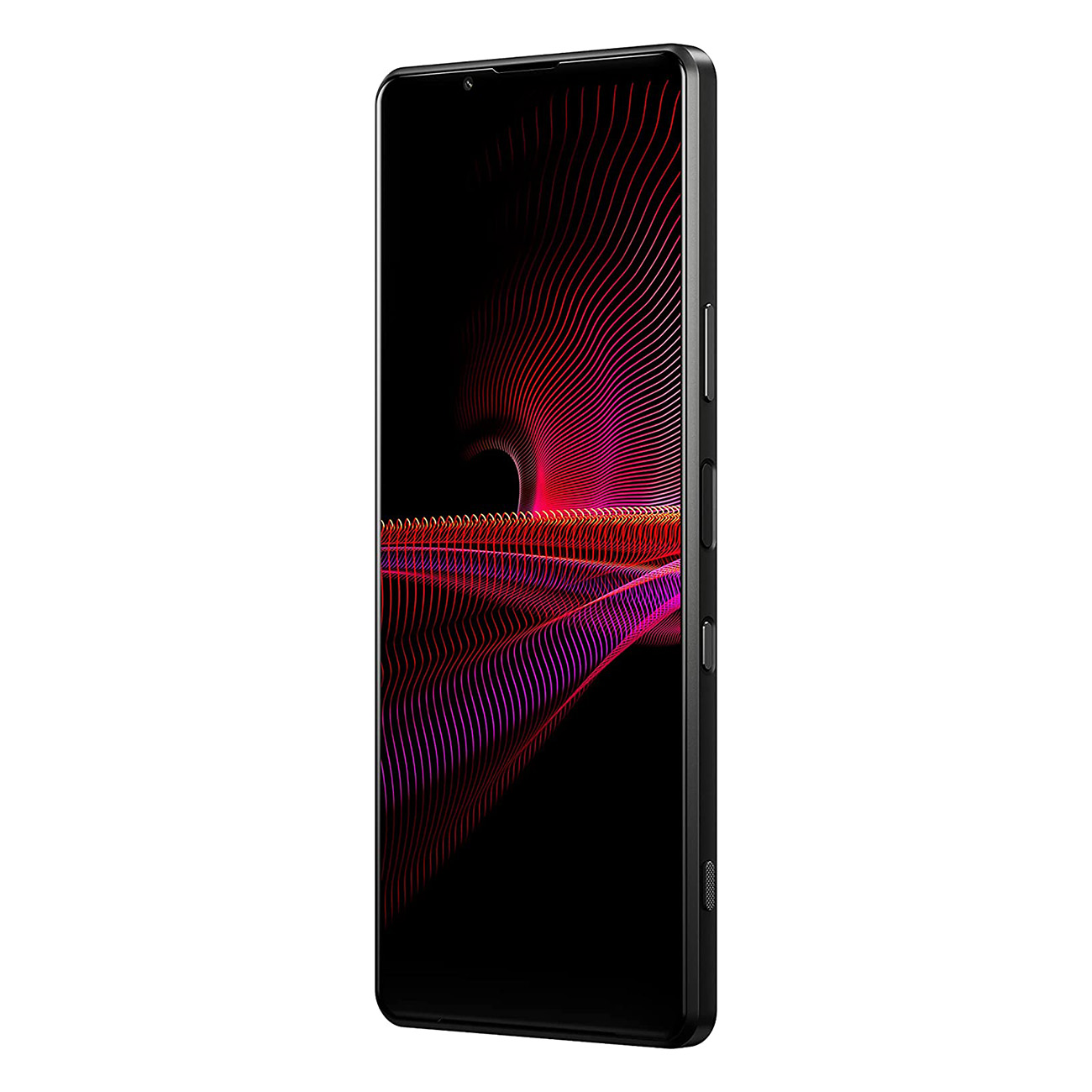 Schwarzes Smartphone, Bildschirm mit rotem und schwarzem abstraktem Design, Seitenansicht.