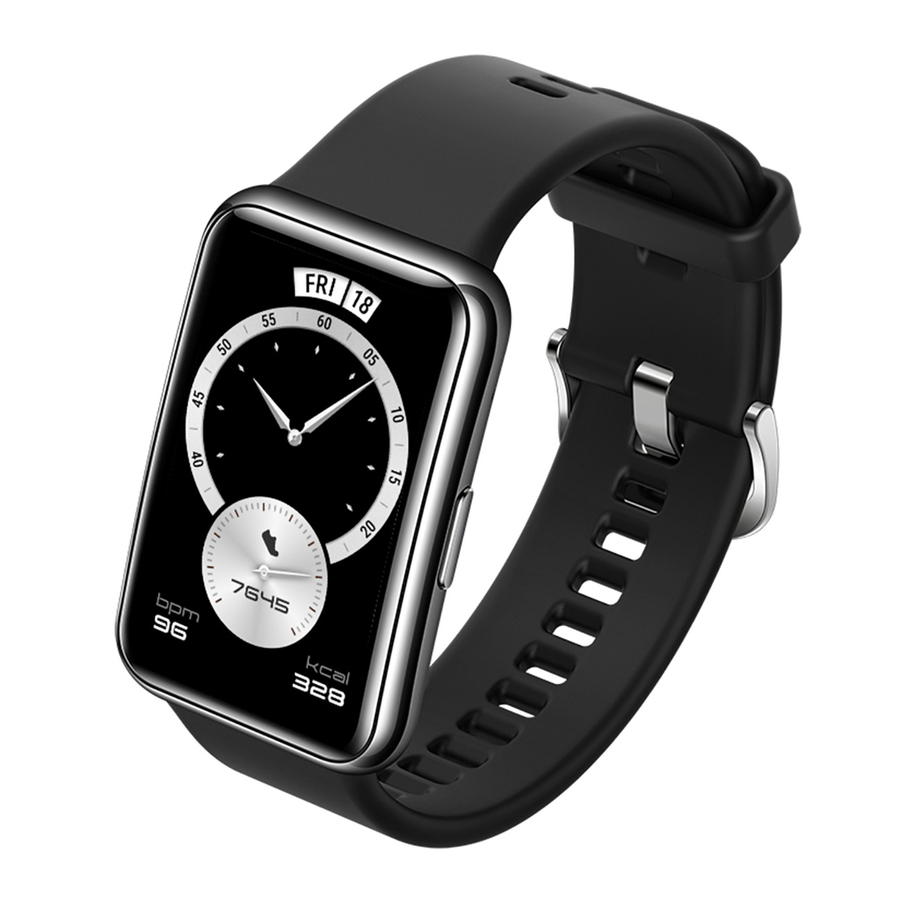 Czarny smartwatch z czarnym paskiem, wyświetlający datę i dane zdrowotne.