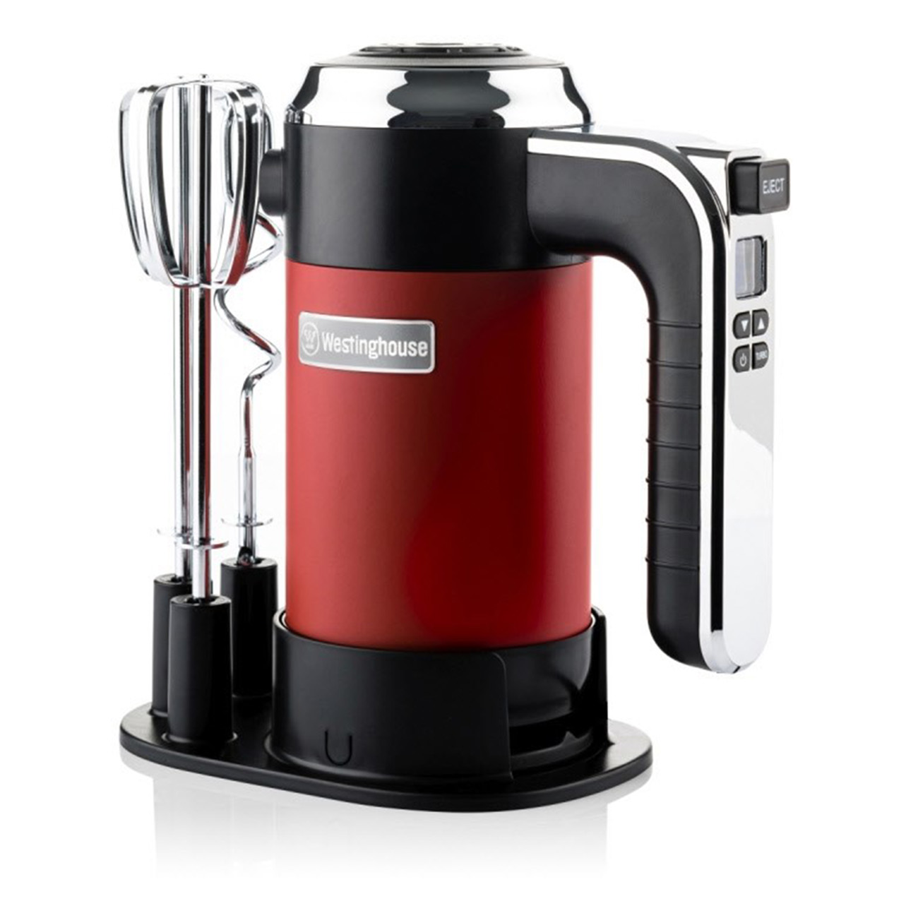 Ein rot-schwarzer Westinghouse Handmixer mit Zubehör auf schwarzer Basis.