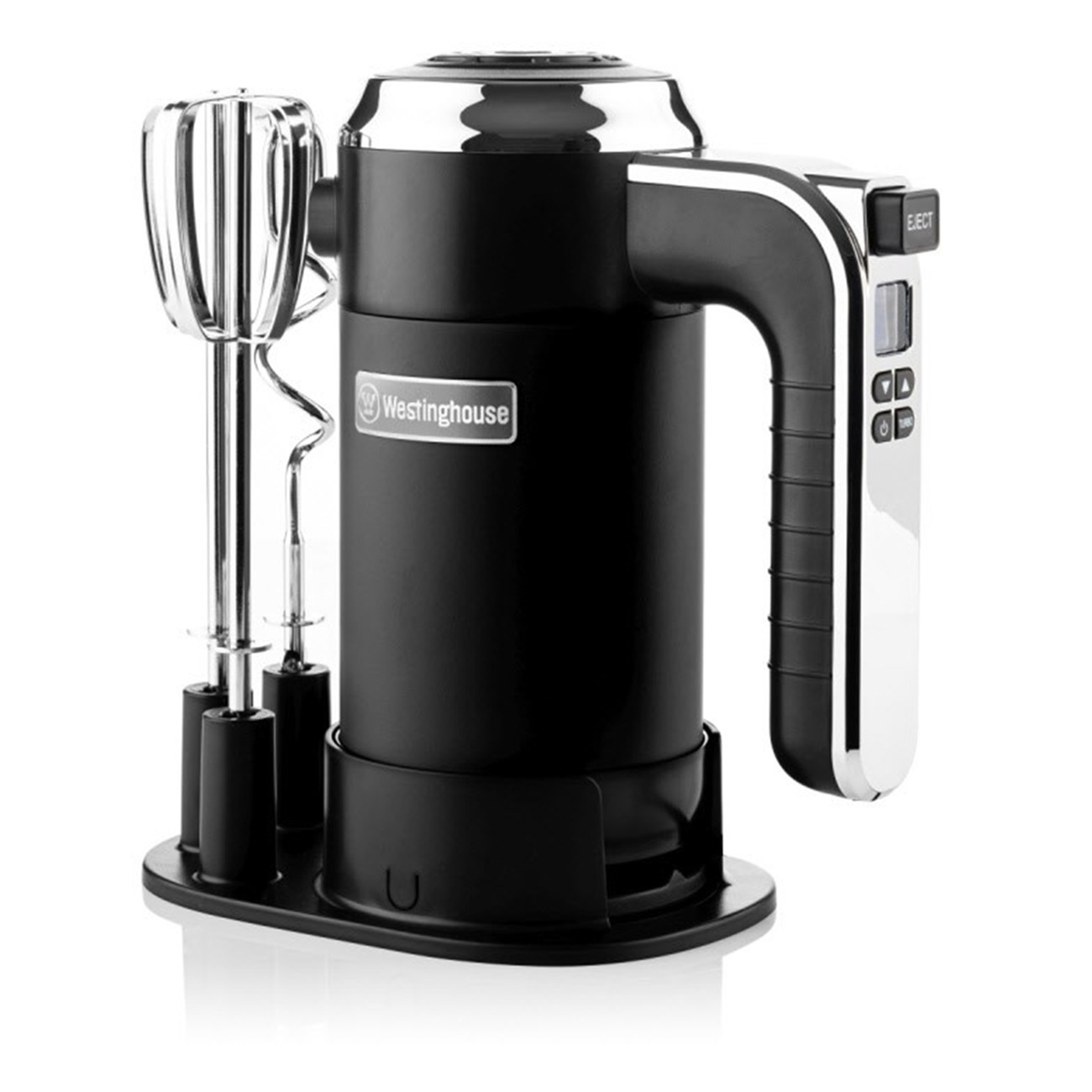 Schwarzer und silberner Handmixer mit Rührbesen auf einem Ständer. Westinghouse-Logo seitlich.