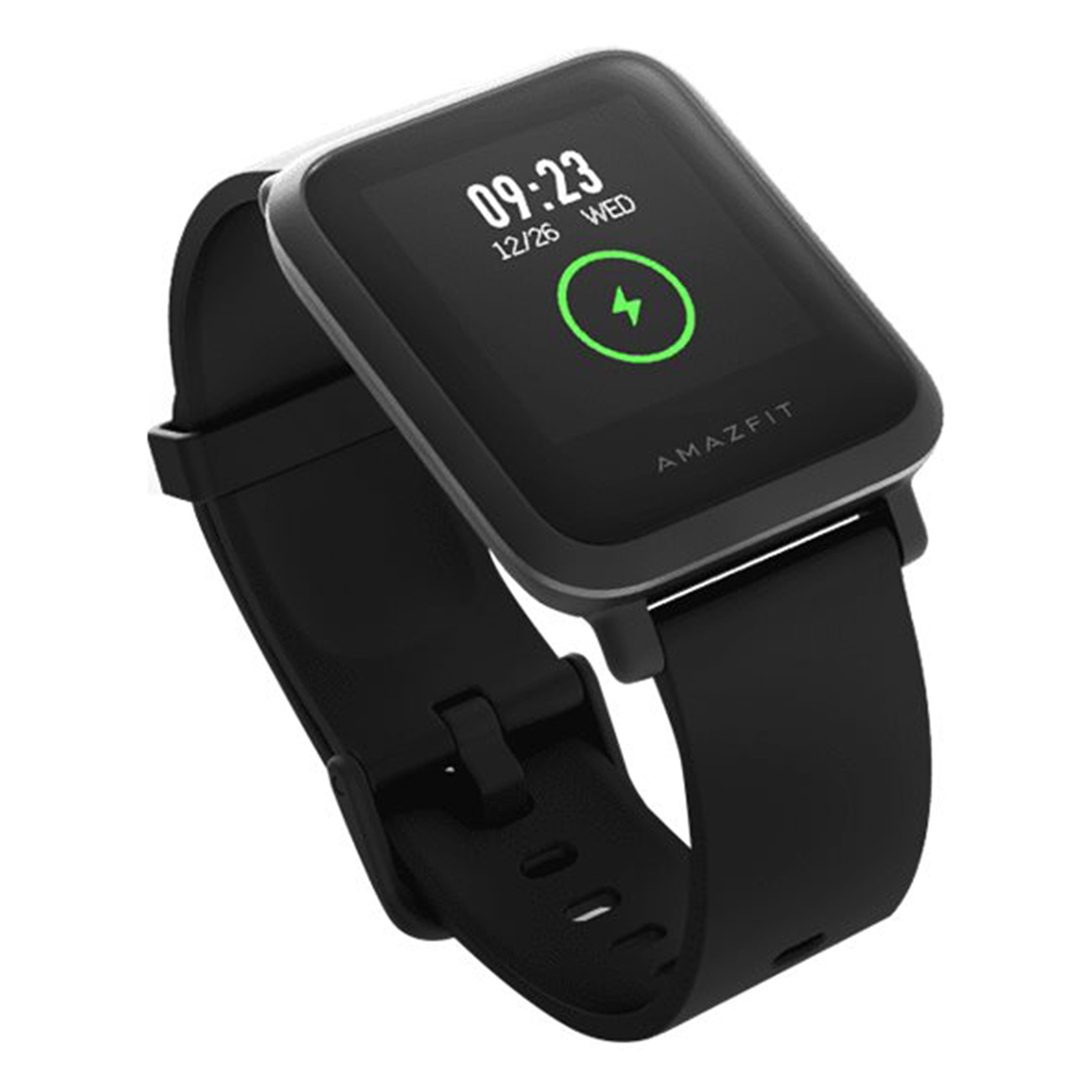 Eine schwarze Amazfit Smartwatch, die die Uhrzeit und ein Ladesymbol auf einem schwarzen Armband anzeigt.