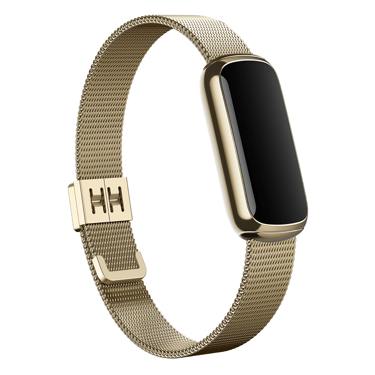Goldenes Smartwatch-Armband mit schwarzem rechteckigem Bildschirm. Mesh-Band mit Verschluss.