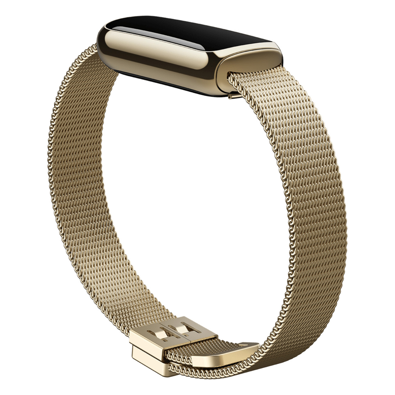 Goldenes Uhrenarmband mit schwarzem, rechteckigem Display auf weißem Hintergrund mit Schnalle.