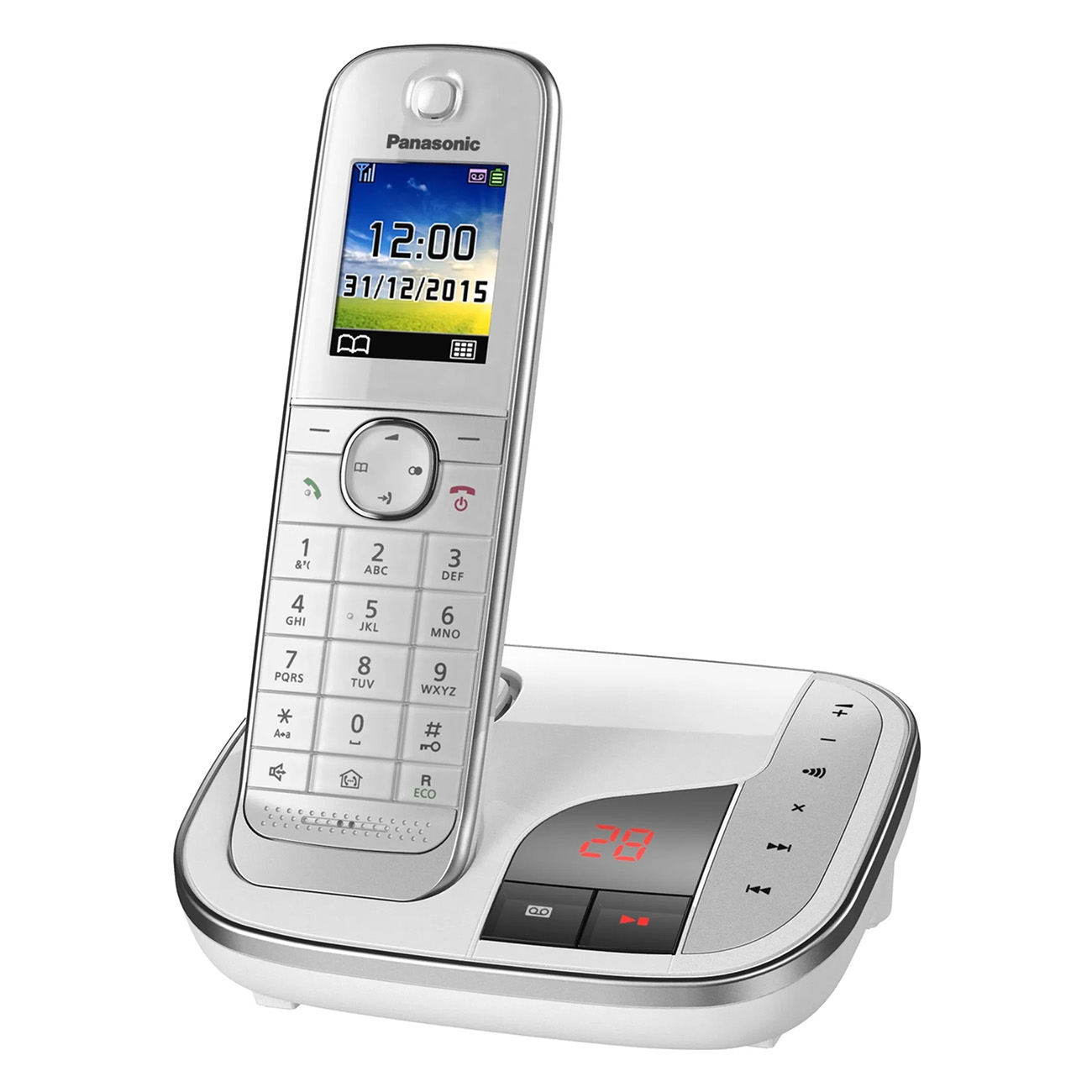 Teléfono y base Panasonic blancos. La pantalla muestra la hora y la fecha. Números rojos en la base.