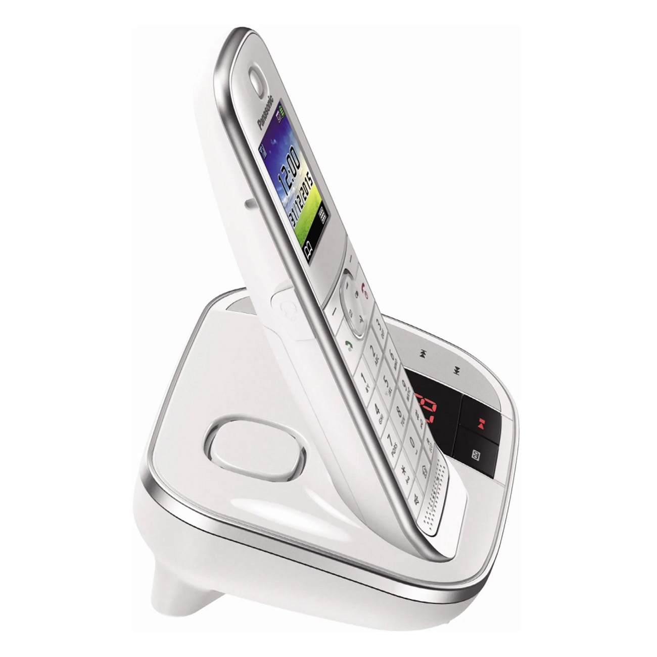 Teléfono inalámbrico blanco con base. El teléfono está en la base, en ángulo, con pantalla y botones visibles.