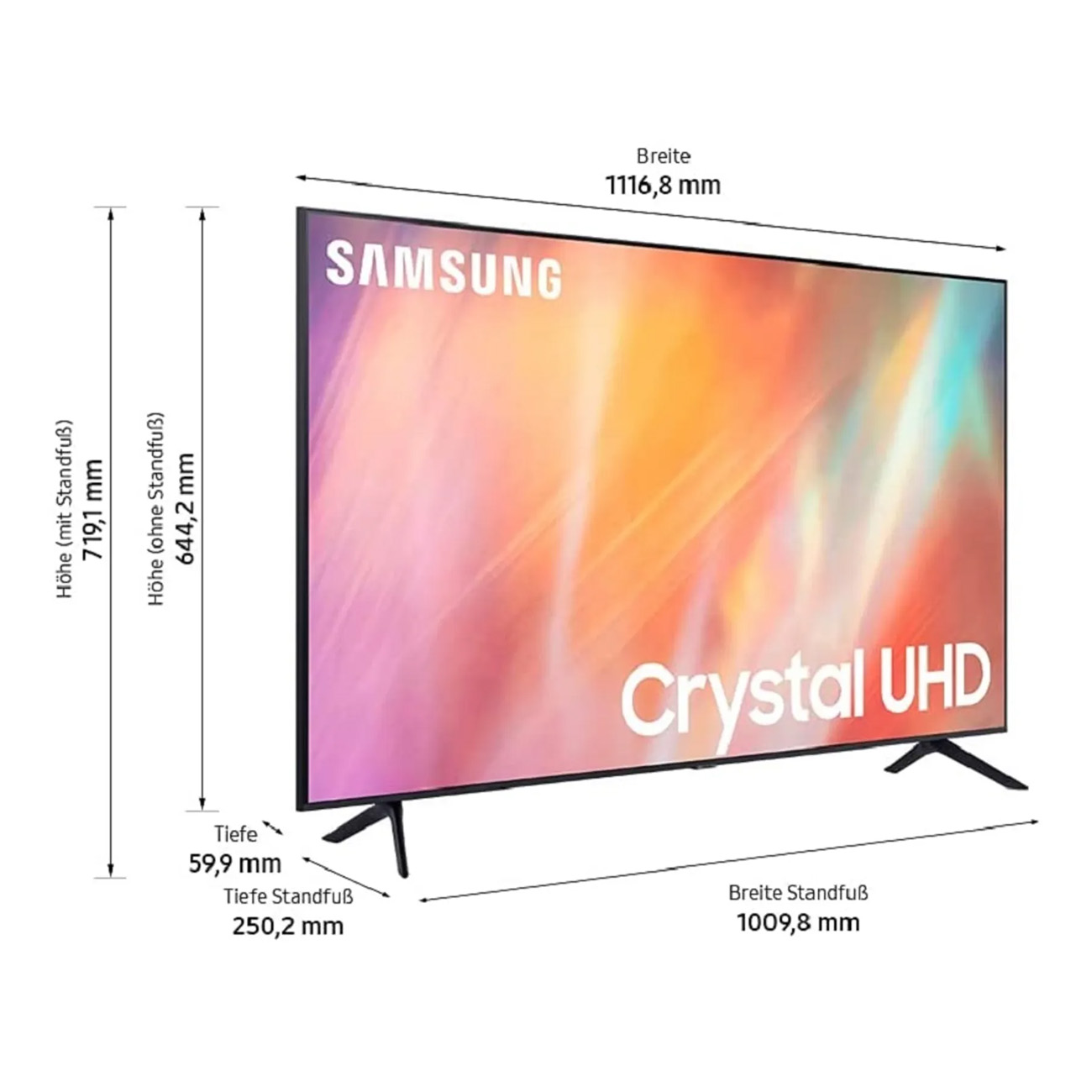 Ein Samsung Crystal UHD TV, schwarzer Rahmen, mit Maßangaben. Es befindet sich auf weißem Hintergrund.