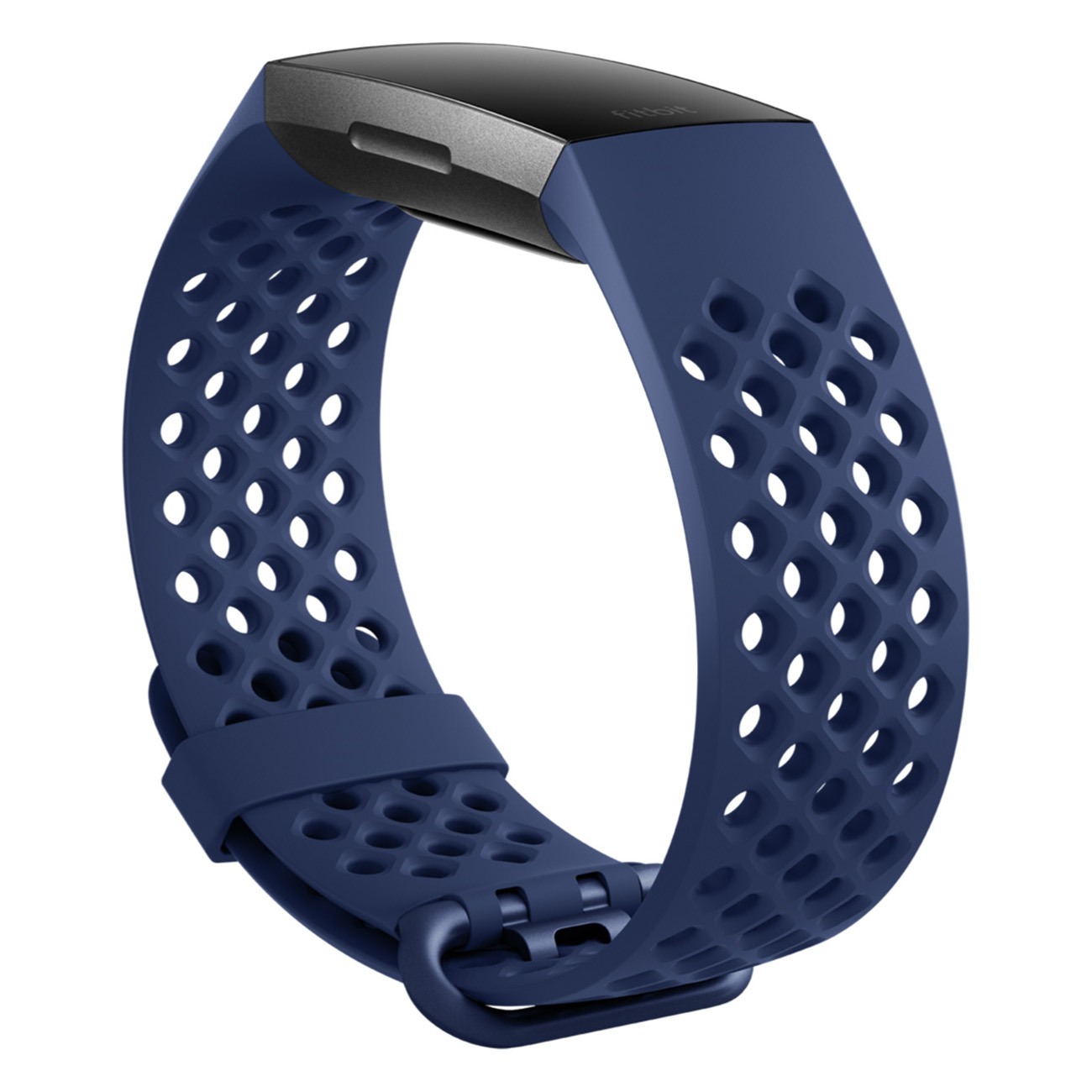 Ein marineblaues Fitbit Fitness-Tracker-Armband mit schwarzem Display.
